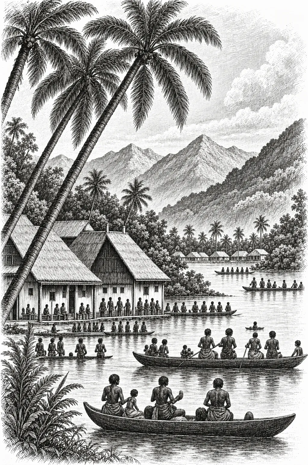 Village au bord de l'estuaire du Gabon, pirogues sur l'eau