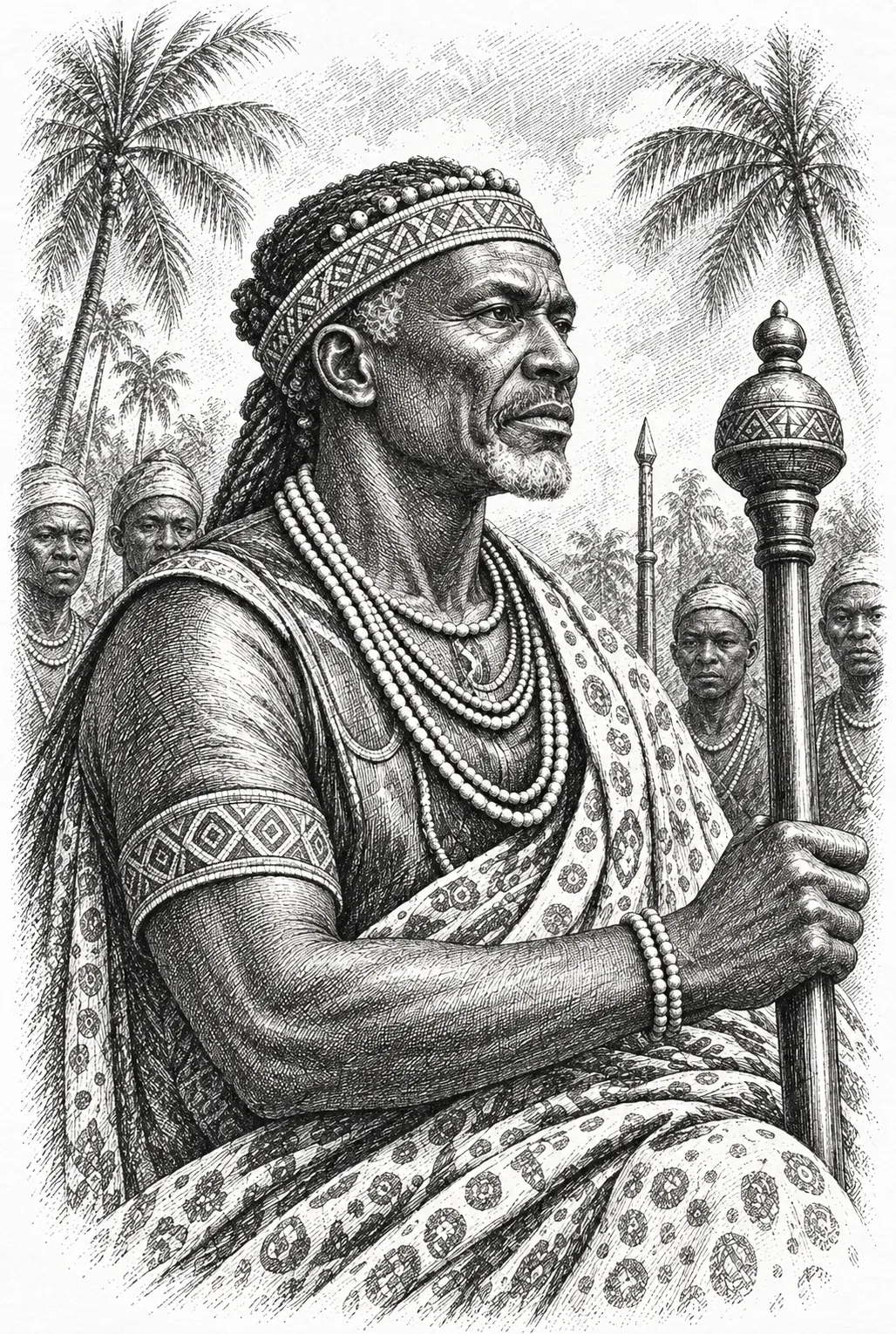 Ongouwu Ré-Mboko tenant le sceptre, entouré du clan