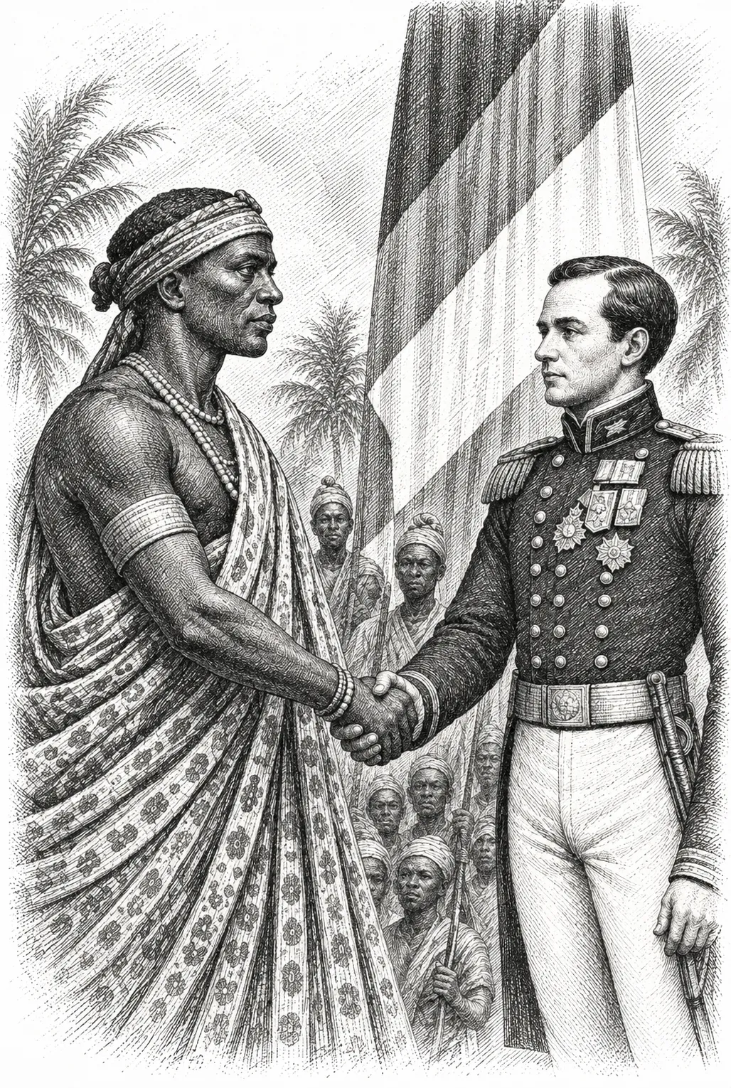 Poignée de main entre le Roi Denis et un officier français devant le drapeau