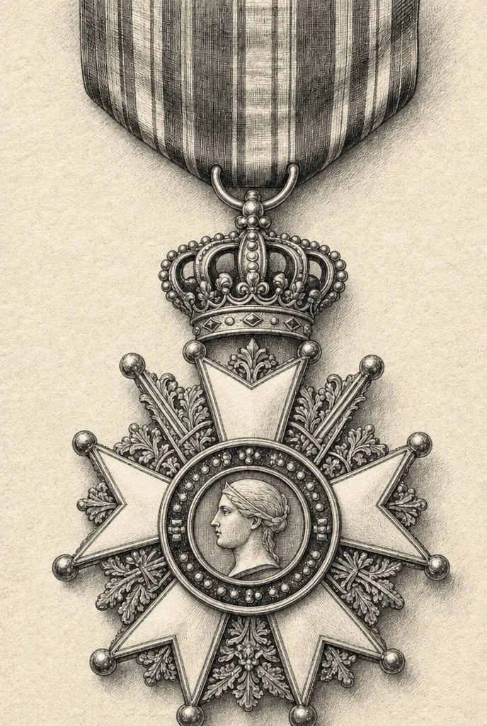 Gravure : croix de chevalier de la Légion d'honneur suspendue à son ruban