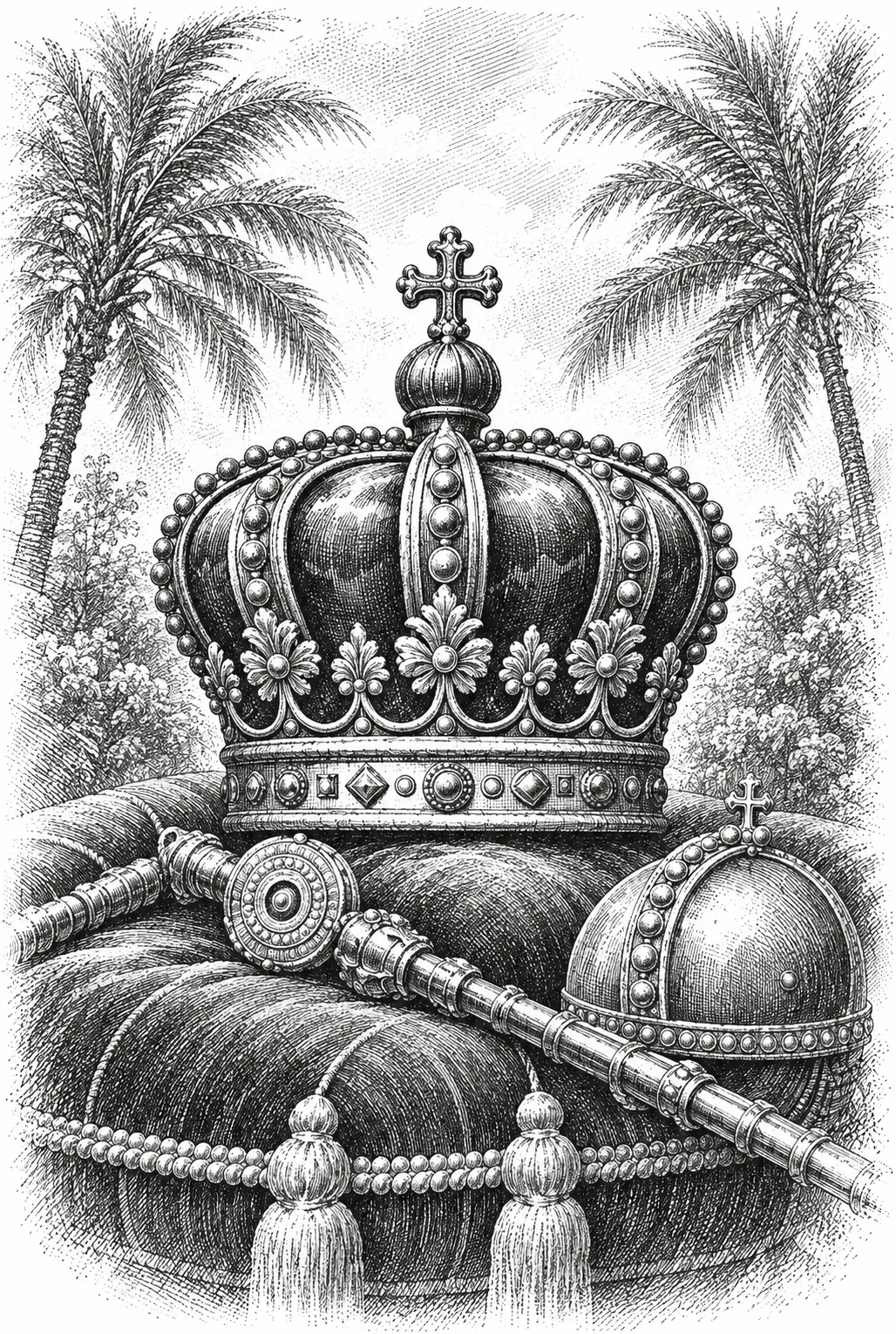 Couronne, sceptre et orbe posés sur un coussin
