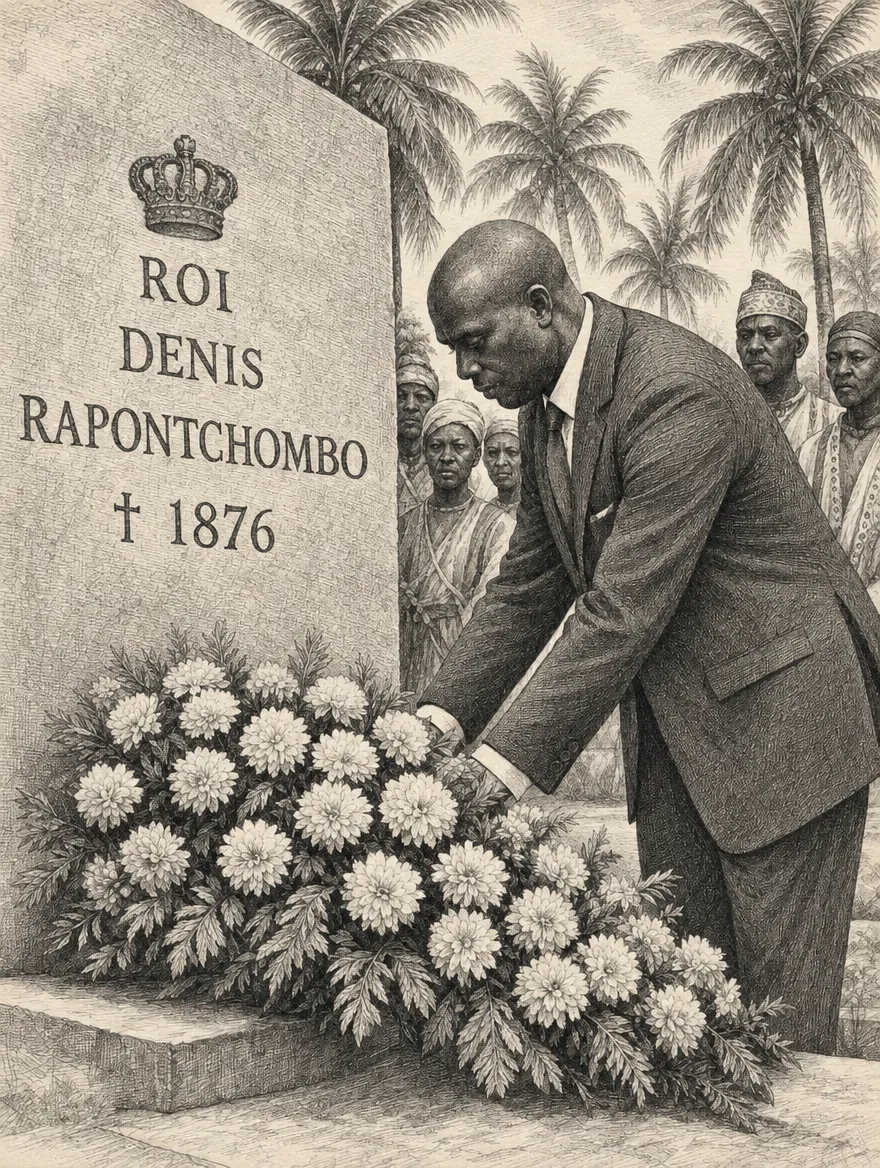 Gravure : dépôt de gerbe devant la stèle du roi Denis Rapontchombo