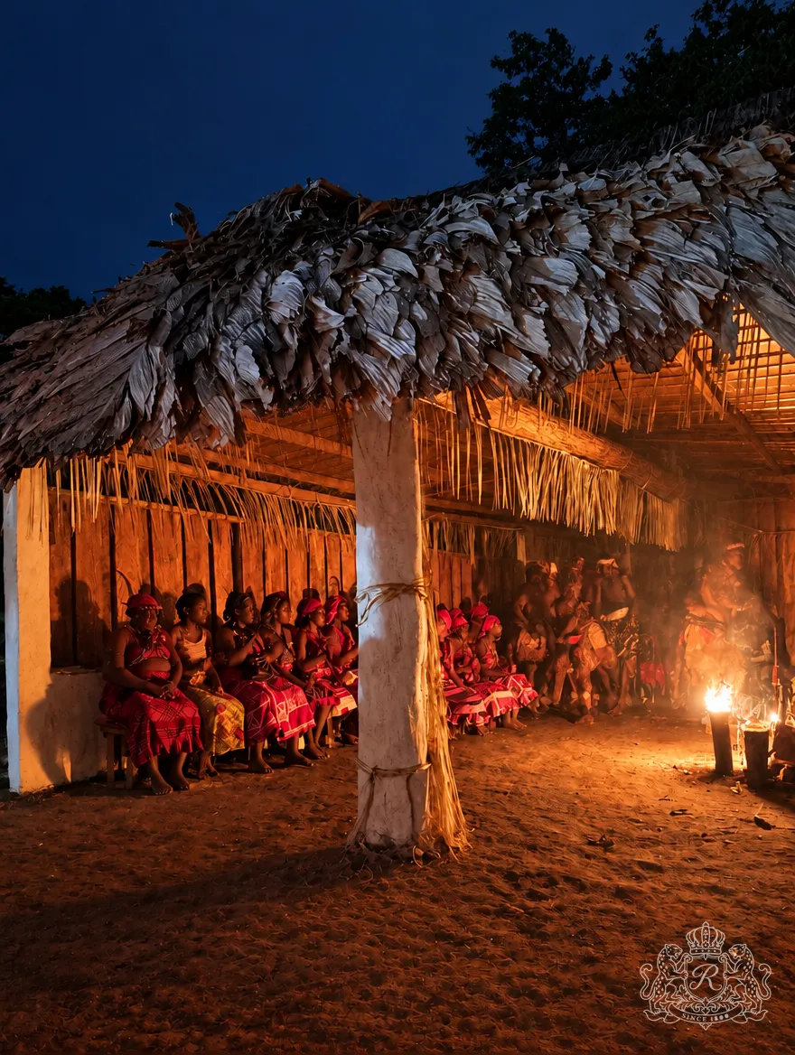 Assemblée en pagnes rouges sous le toit de palmes du temple, nuit bleue au-dessus, feu à droite