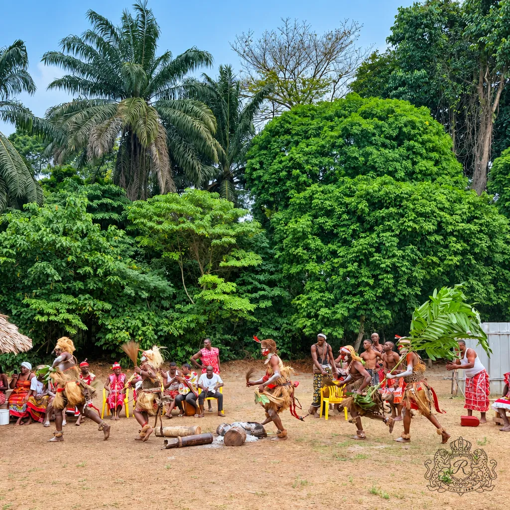 Danseurs en raphia et peintures corporelles devant l’assemblée, tambours et forêt en fond
