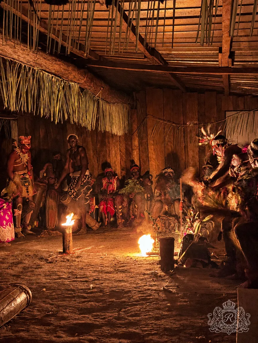 Intérieur du temple la nuit, initiés assis le long des parois, torche enflammée au centre
