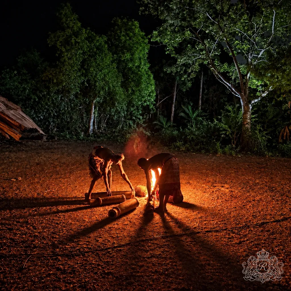 Deux initiés penchés sur le feu naissant devant le temple, nuit noire et forêt autour