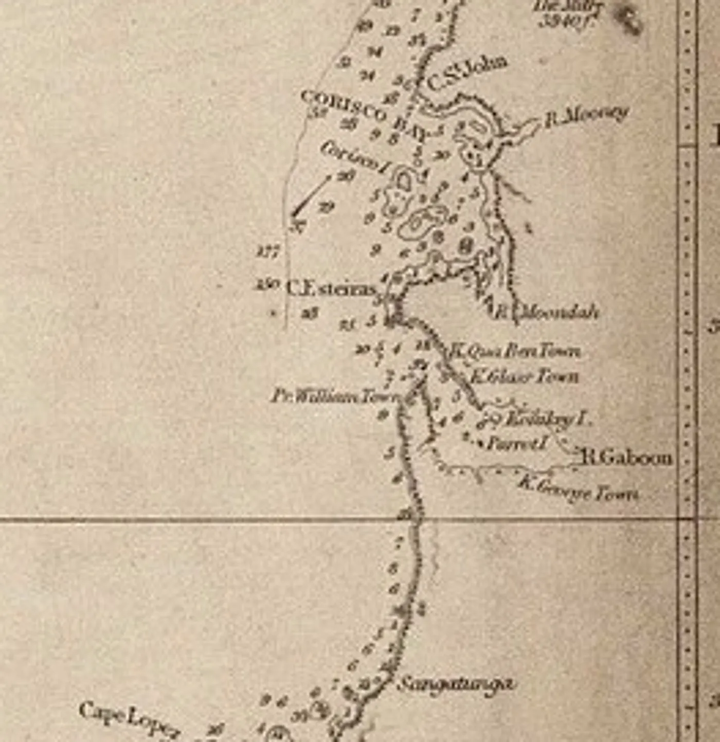 Détail de la carte de l'Amirauté : l'estuaire du Gabon, avec les mentions R. Gaboon, K. Glass Town, K. Qua Ben Town, K. George Town, Pr. William Town, Koniquet I. et Parrot I.