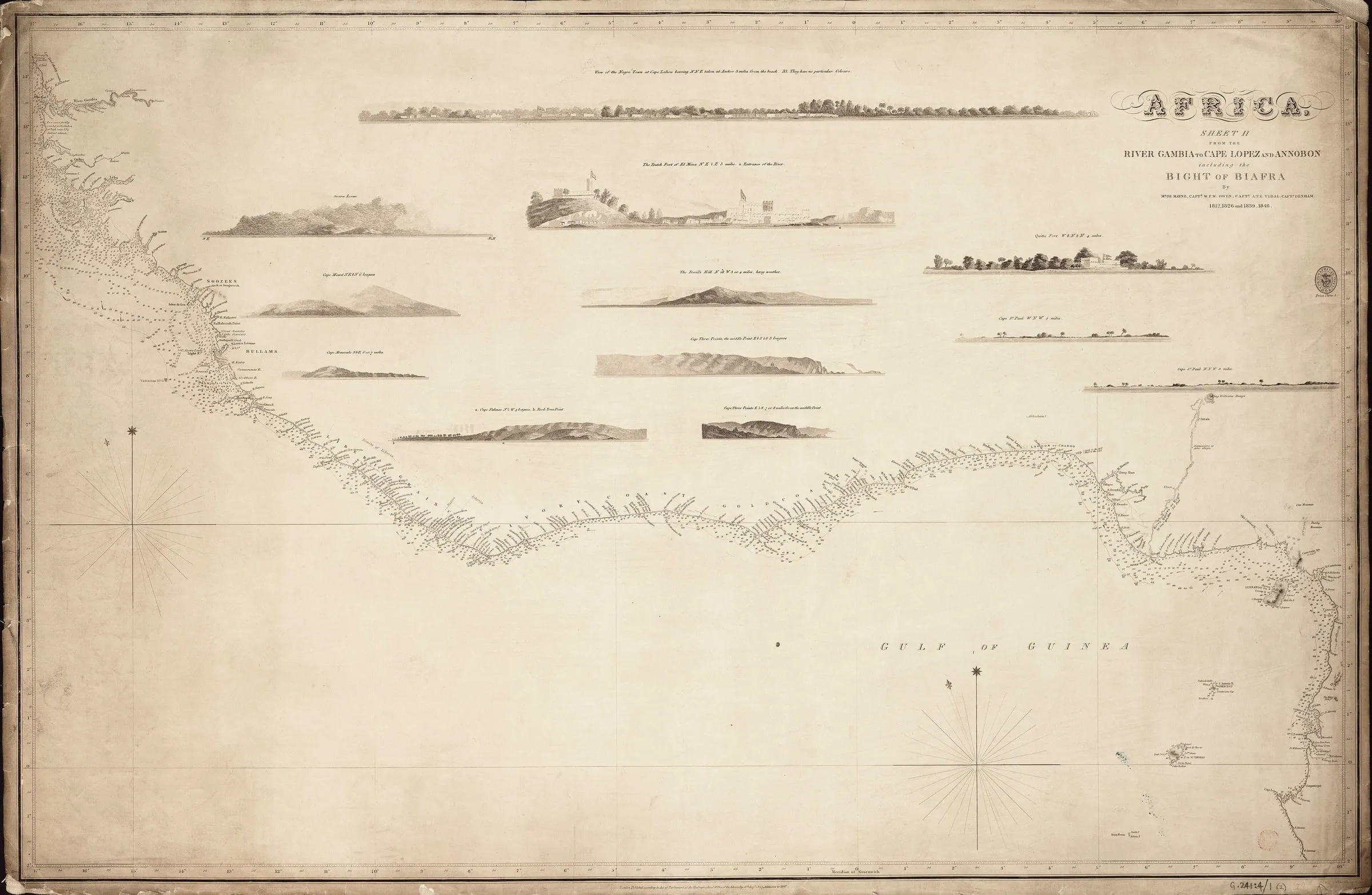 Carte marine de l'Amirauté : la côte d'Afrique de la Gambie au cap Lopez, avec sondages et vues de côte