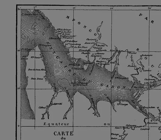 Carte de l'estuaire du Gabon en 1865 portant les villages des Oga : Denis, Georges, Louis, Glass, Quaben