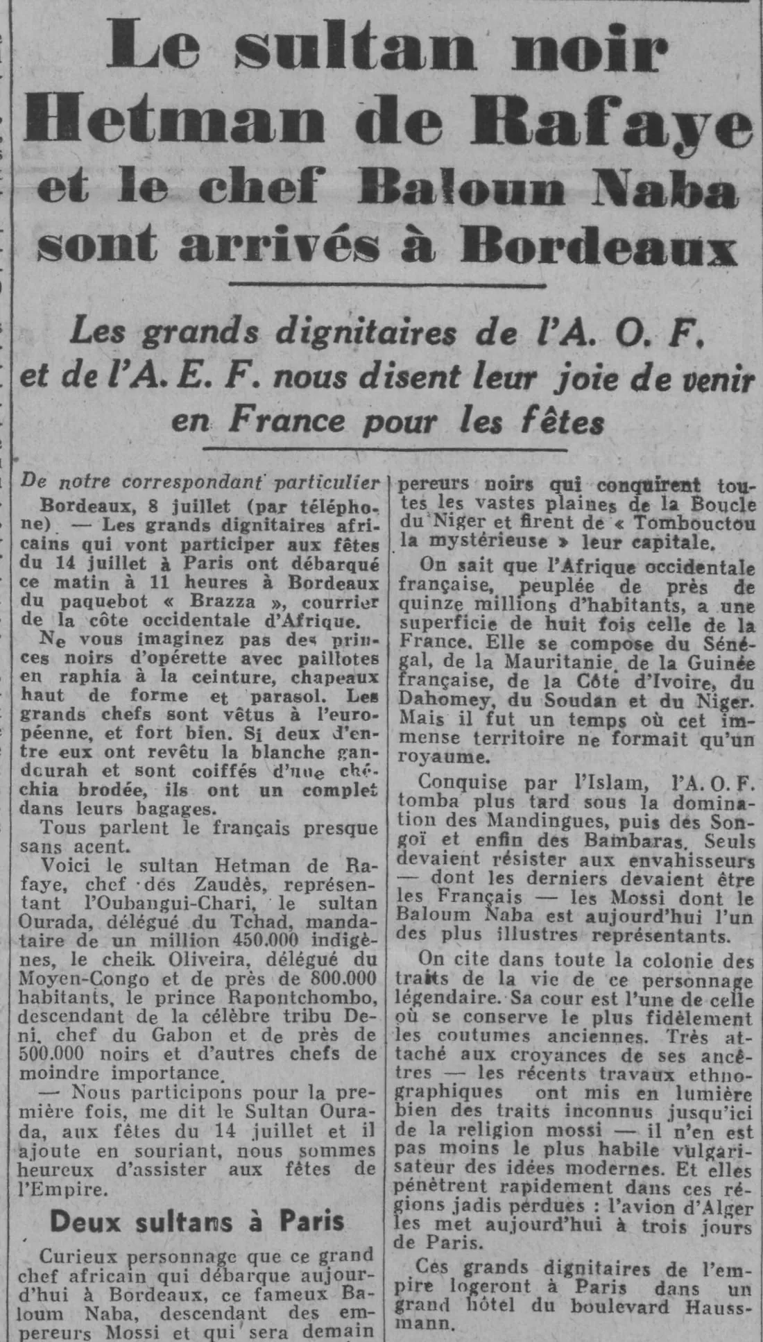 Coupure du journal Ce soir du 9 juillet 1939 : les grands dignitaires africains sont arrivés à Bordeaux