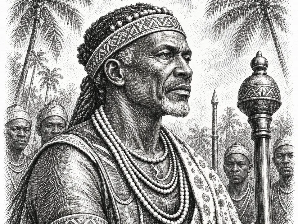 Gravure : Ongonwu Ré-Mboko, chef du clan Assiga, coiffé d'un bandeau perlé et tenant le sceptre, entouré des hommes du clan sous les palmiers