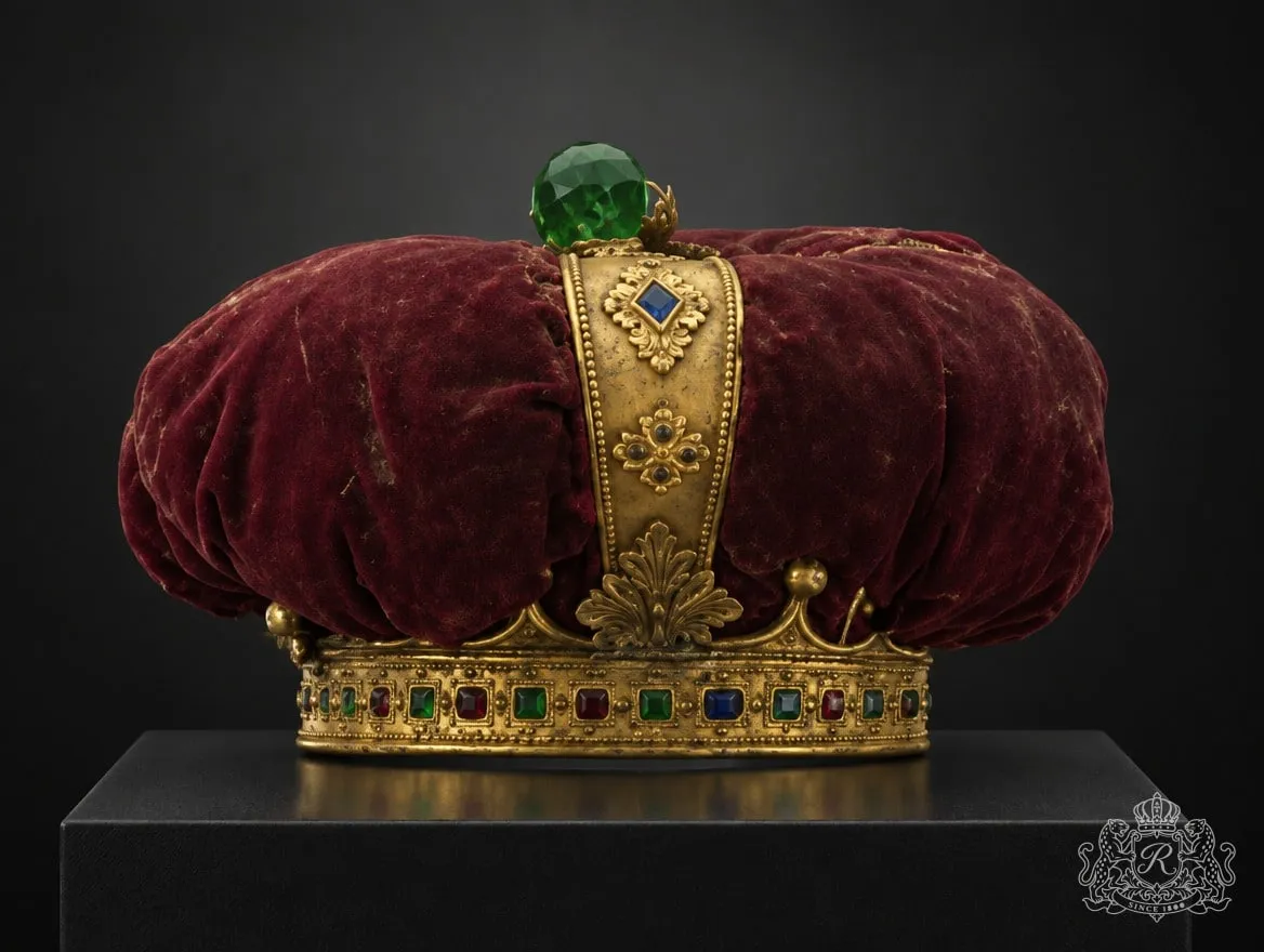 La couronne du roi Denis : bonnet de velours bordeaux, bande d'arche dorée ornée d'une pierre bleue et d'une rosace, globe de verre vert au sommet, cercle doré serti de pierres vertes, rouges et bleues, posée sur un socle noir