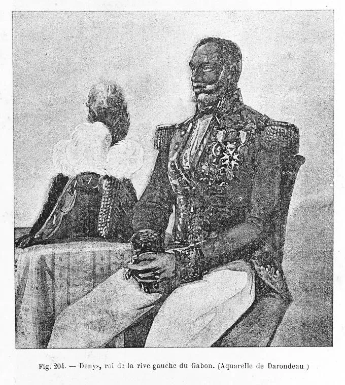 Aquarelle de 1839 : le roi Denis II, Louis Denis Marie Félix Adandé Rapontchombo, en uniforme, assis aux côtés d'une de ses épouses
