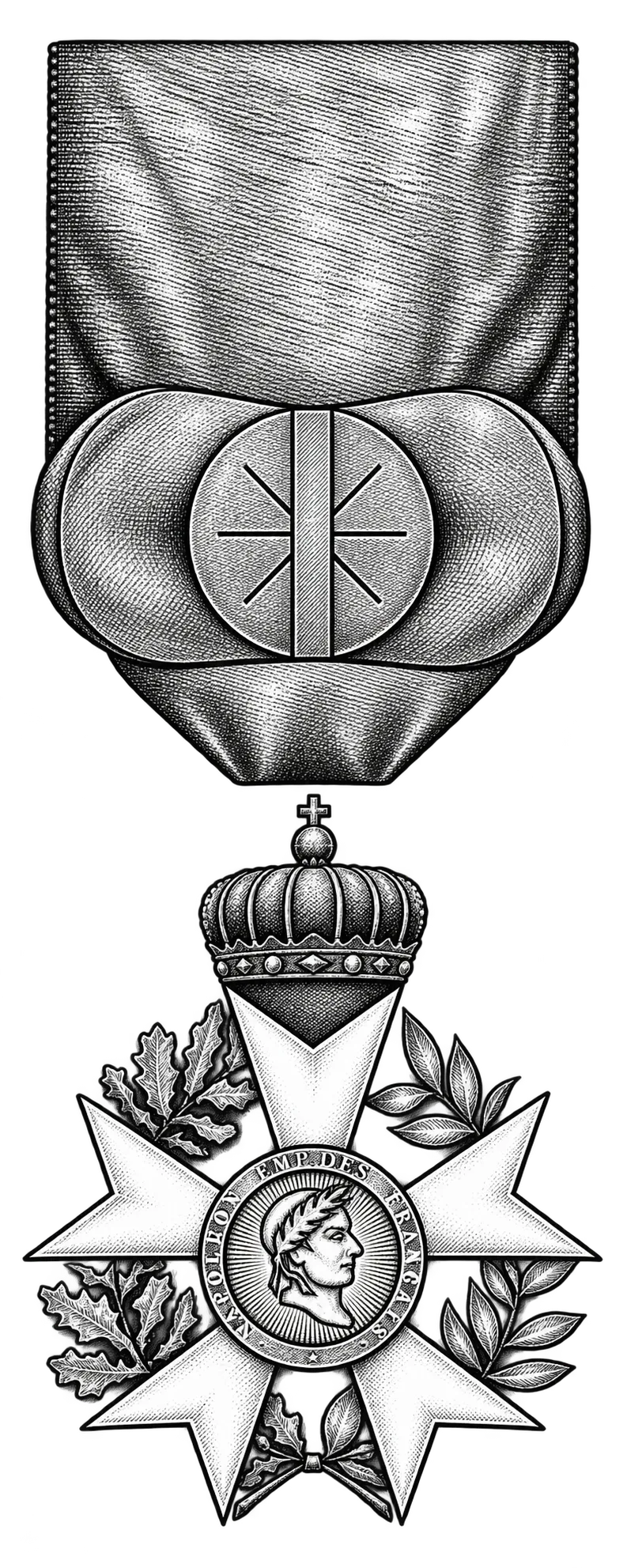 Croix de chevalier de la Légion d'honneur avec son ruban, illustrée en noir et blanc