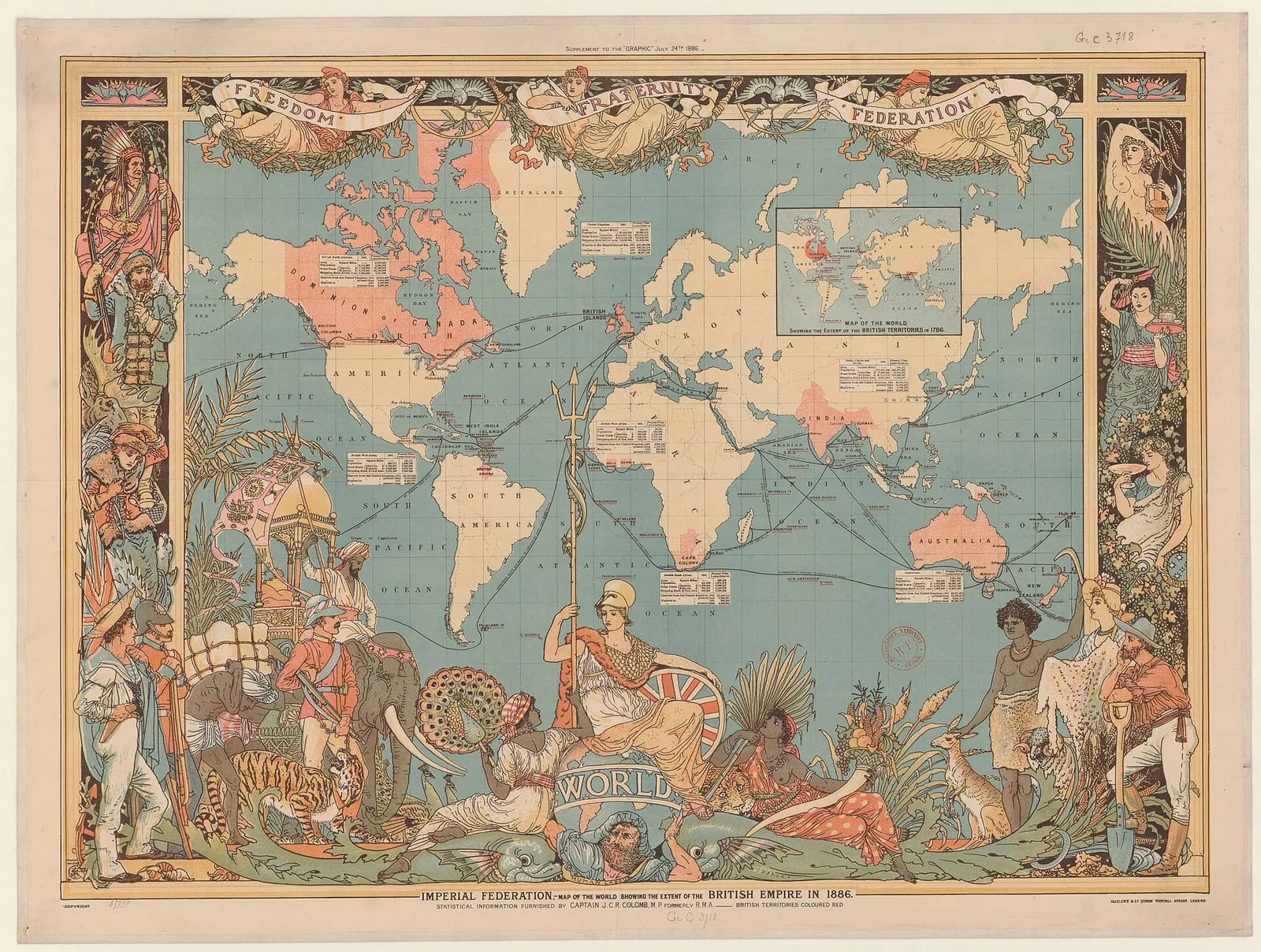 Carte du monde de 1886 : les possessions britanniques en rose, encadrées de Britannia, de marins et des peuples de l'Empire