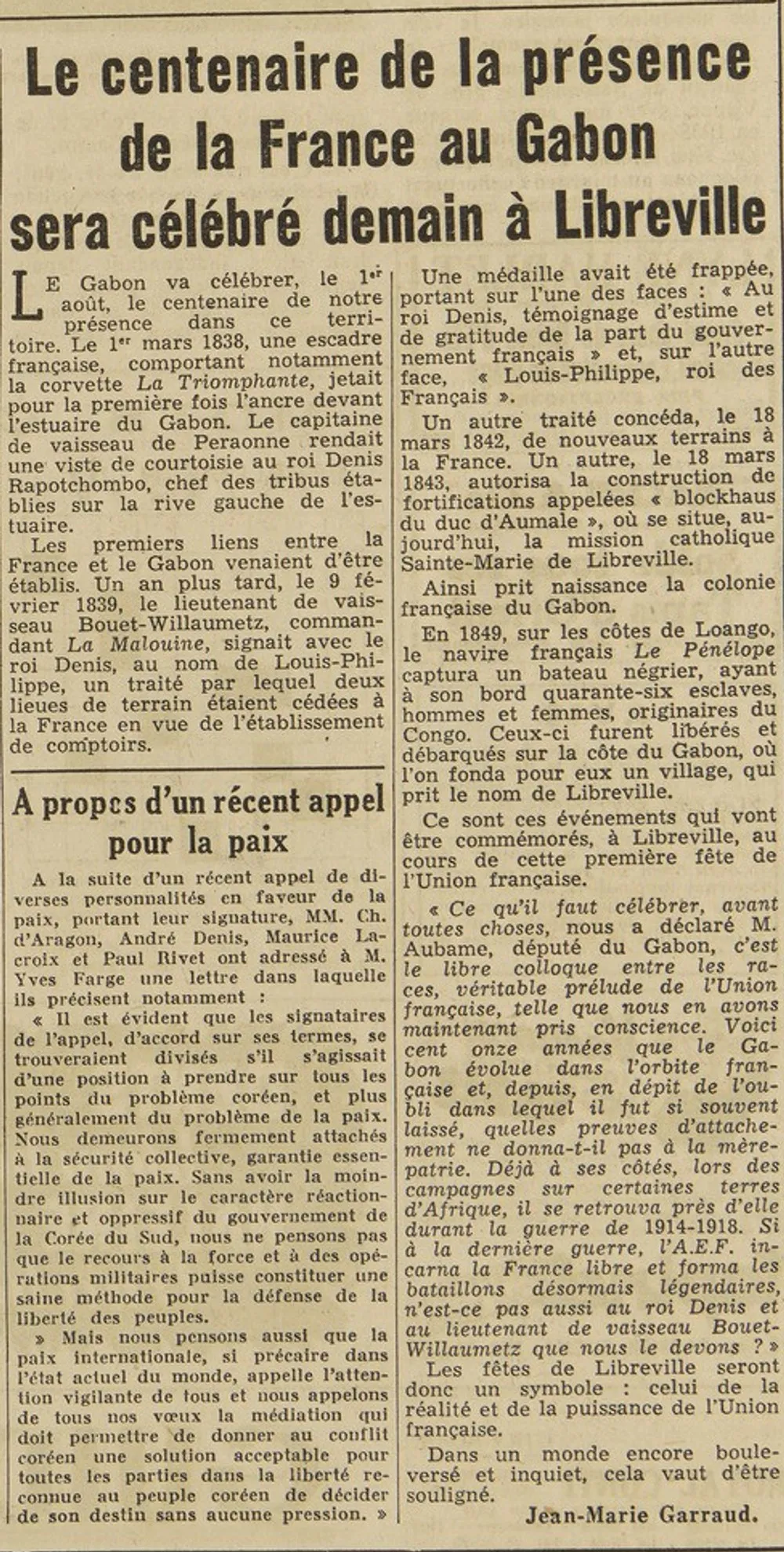 Coupure du Figaro du 31 juillet 1950 sur le centenaire de la présence française au Gabon