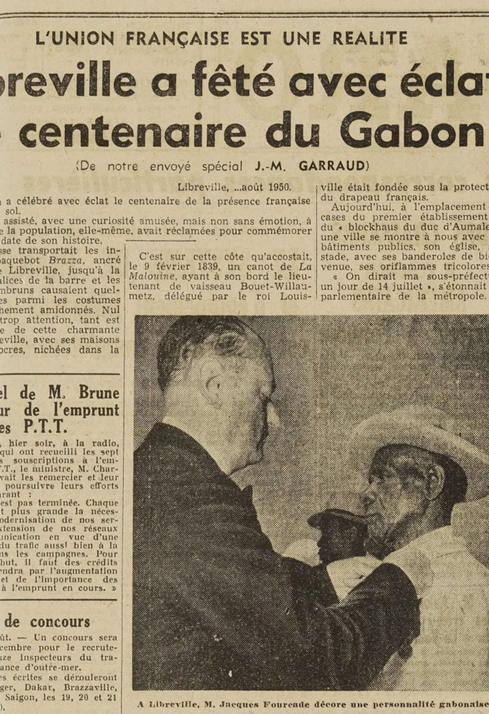 Coupure du Figaro des 5-6 août 1950 : Libreville a fêté avec éclat le centenaire du Gabon