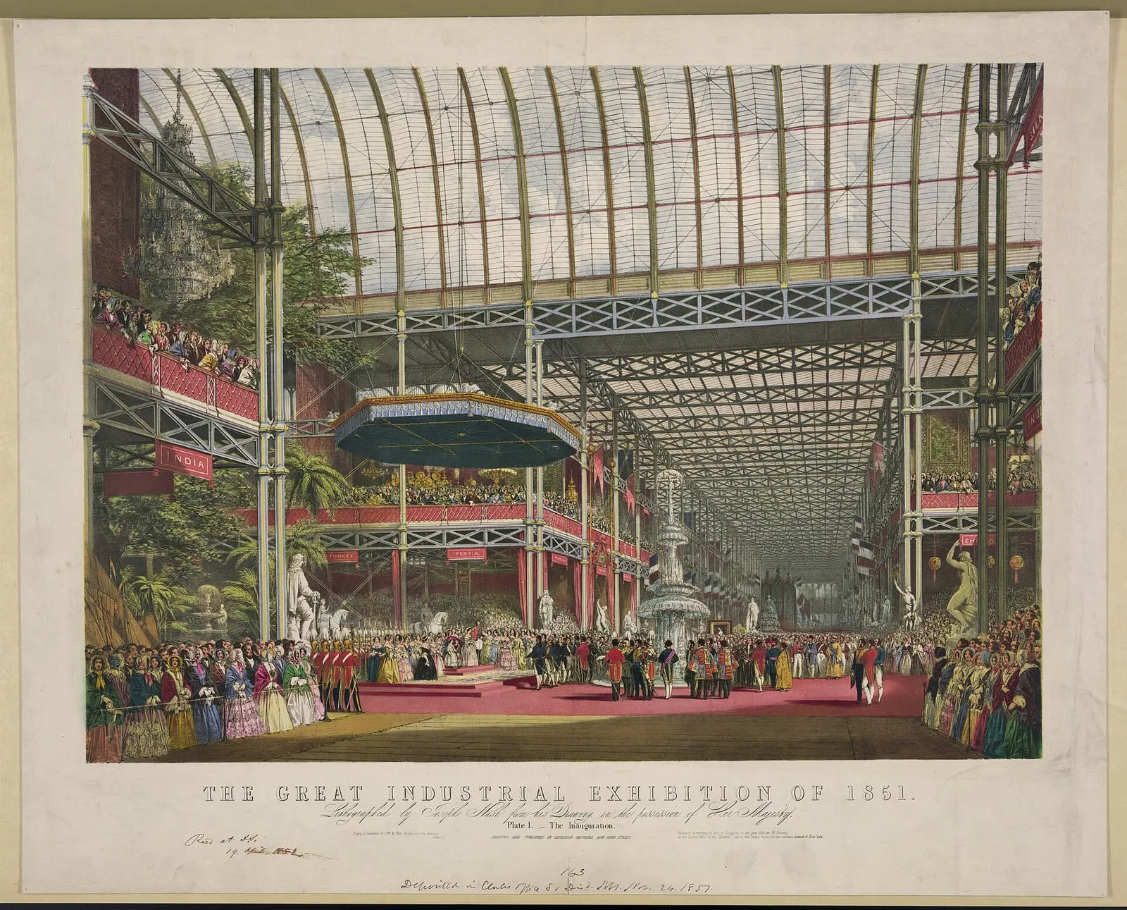 Lithographie : sous la verrière du Crystal Palace, la reine Victoria inaugure la Grande Exposition devant une foule immense