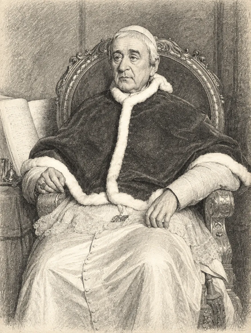 Portrait of Pope Gregory XVI seated on his gilded throne, in a red velvet mozzetta trimmed with ermine