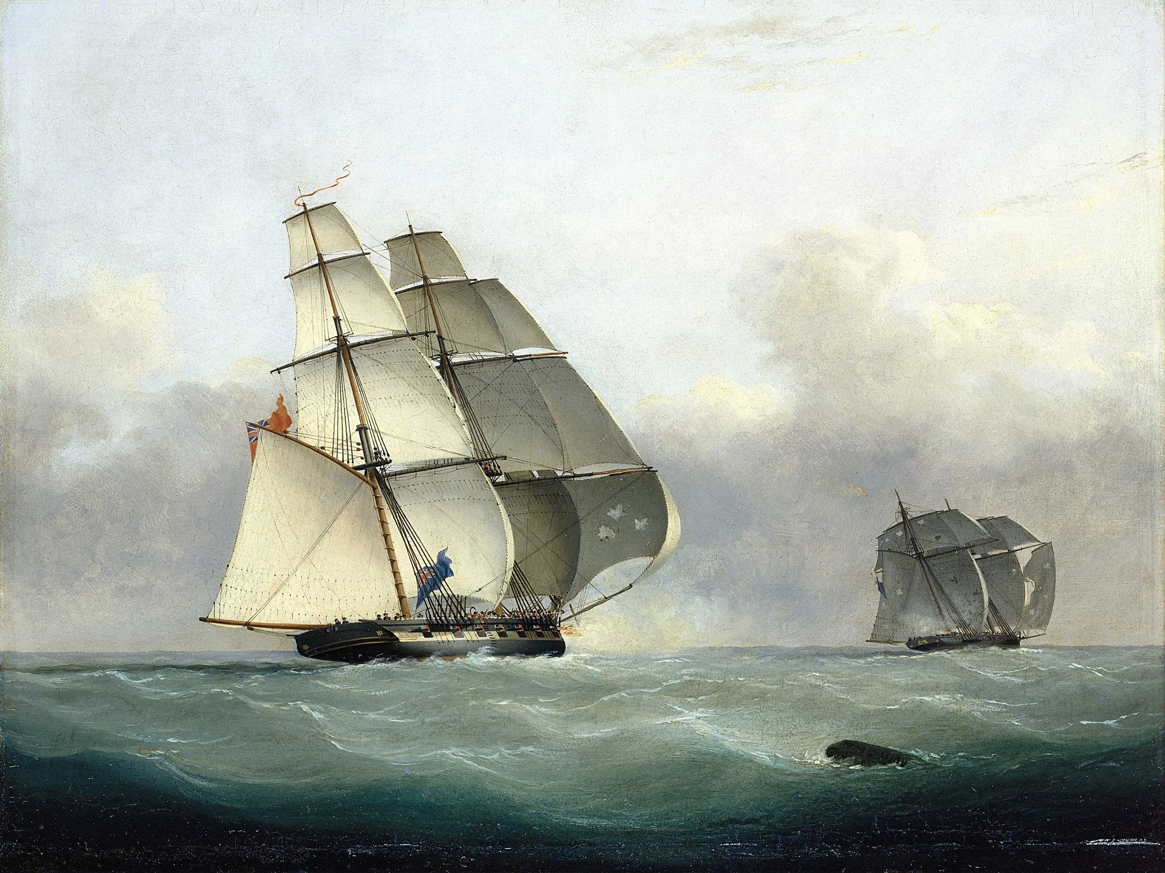 Tableau : le brick HMS Acorn rattrape le navire négrier Gabriel en haute mer