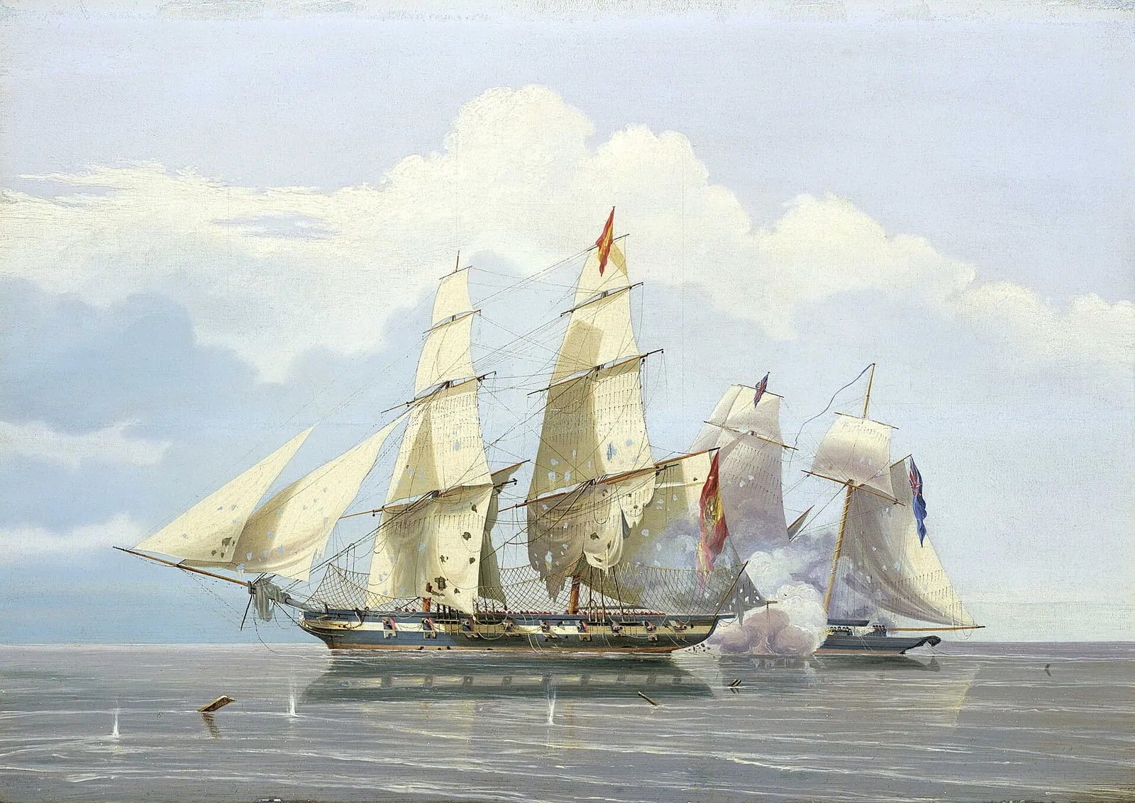 Tableau : le brigantin HMS Buzzard, pavillon britannique, rattrape et canonne le brick négrier espagnol Formidable en haute mer