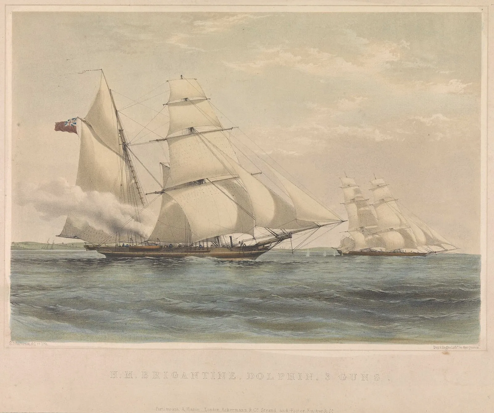 Lithographie : le brigantin HMS Dolphin toutes voiles dehors, un autre navire à l'horizon