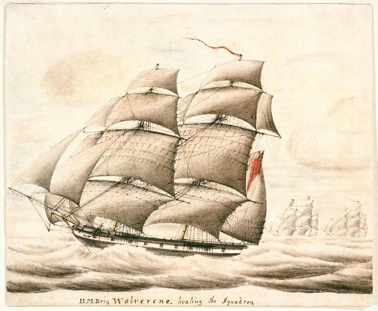 Aquarelle : le brick HMS Wolverene sous toutes ses voiles, devançant l’escadre