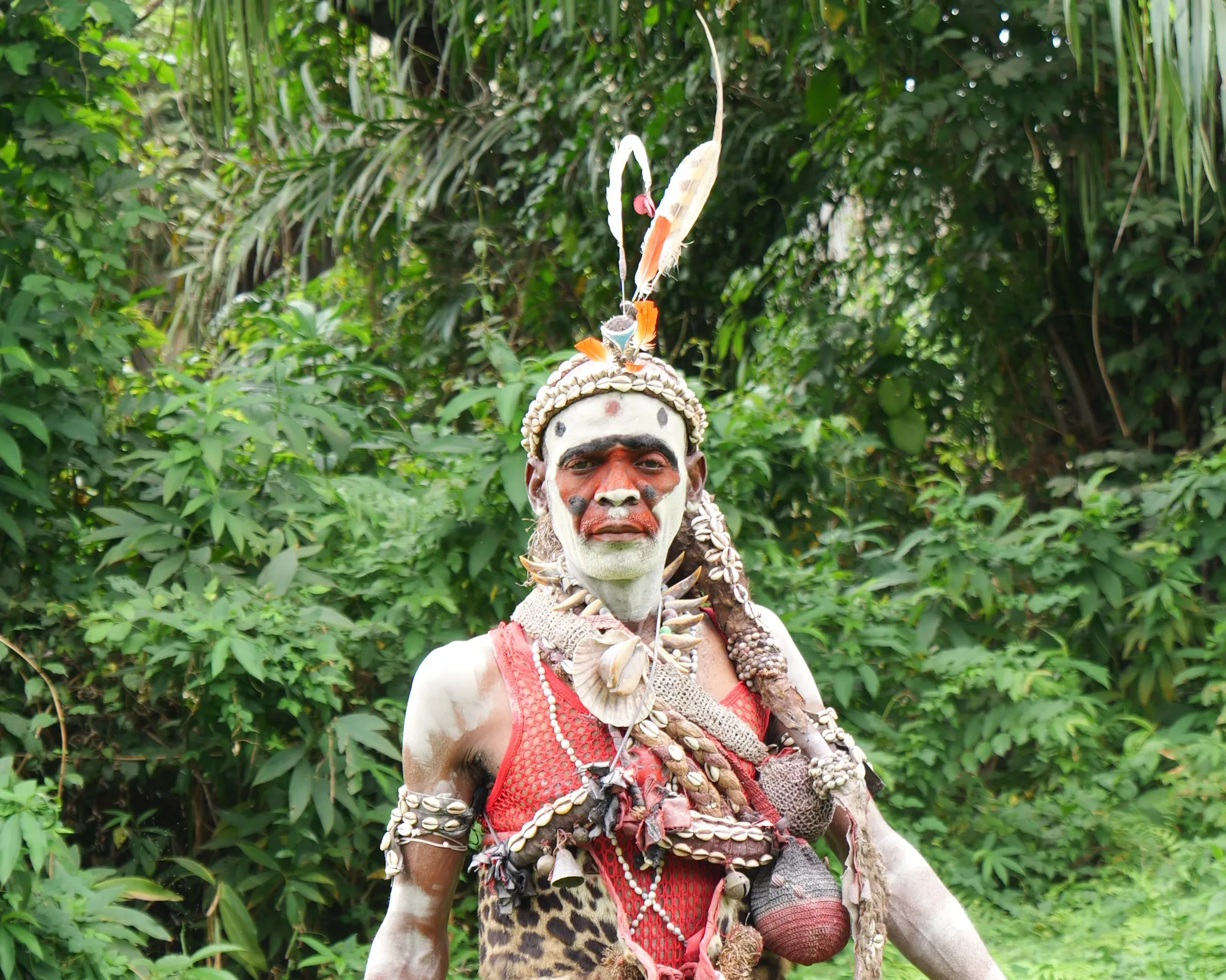 Jacques Makaya Zimamo en tenue traditionnelle d'initié, coiffe de cauris et bâton rituel, dans la végétation du domaine