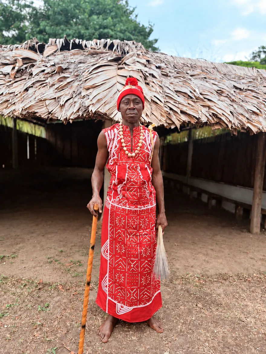 Jérôme Mouele Niangou devant le temple, en tenue rituelle rouge, bonnet et collier de graines, canne et chasse-mouches en main