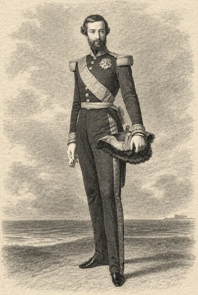 Portrait en pied du prince de Joinville en uniforme de marine, bicorne à la main