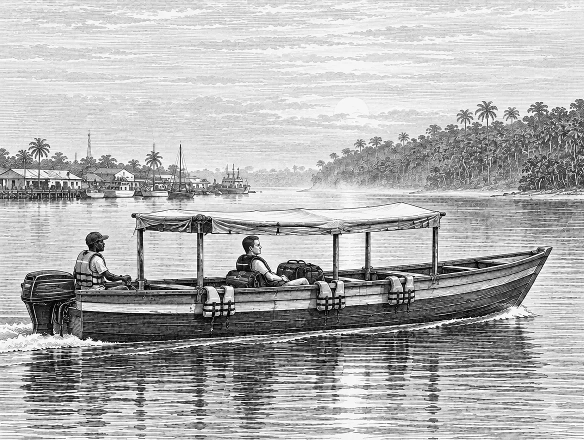 Gravure : la traversée du port de Libreville vers la Pointe-Denis en grande pirogue motorisée, sous un auvent, gilets de sauvetage à bord