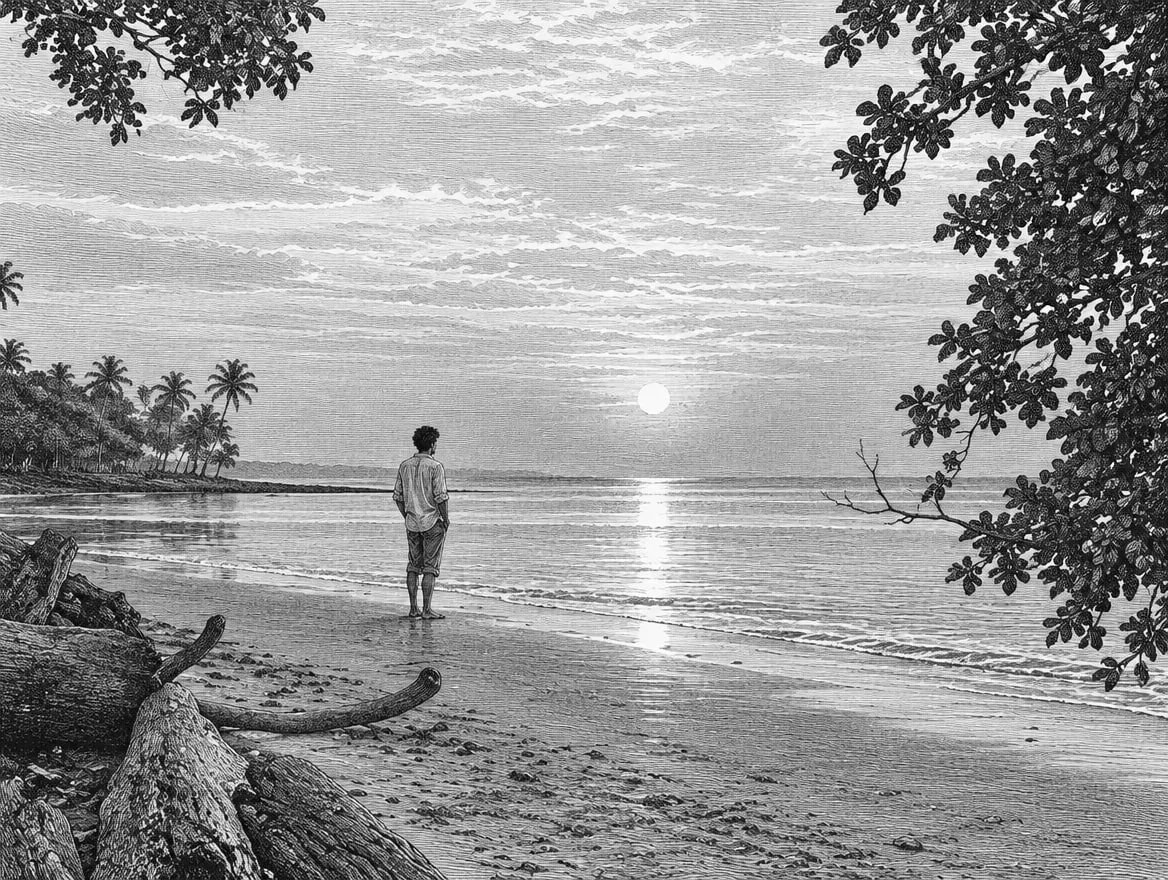 Gravure : le coucher du soleil sur la plage de la Pointe-Denis, à l’hôtel partenaire