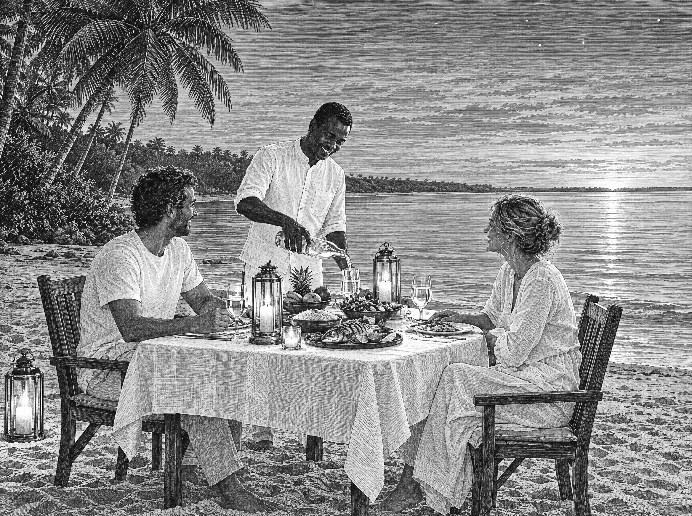 Gravure : le premier soir, le dîner sur la plage de l’hôtel partenaire, à la lueur des lanternes