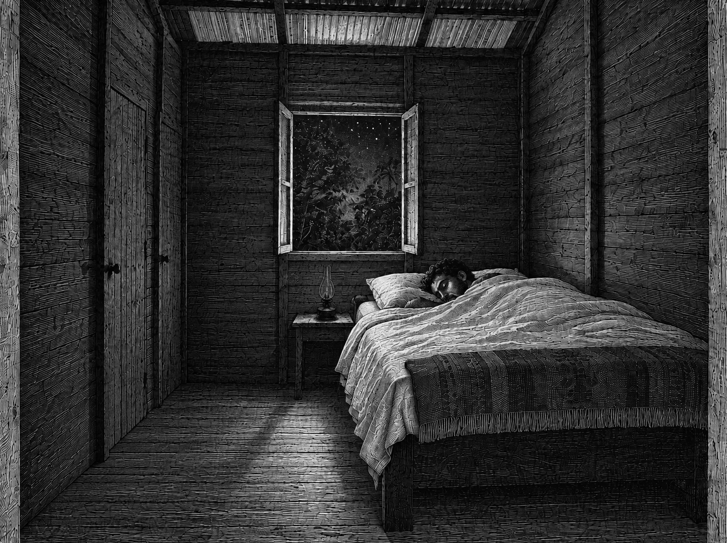 Gravure : la première nuit, un voyageur endormi dans sa chambre de bois à la lueur d’une lampe