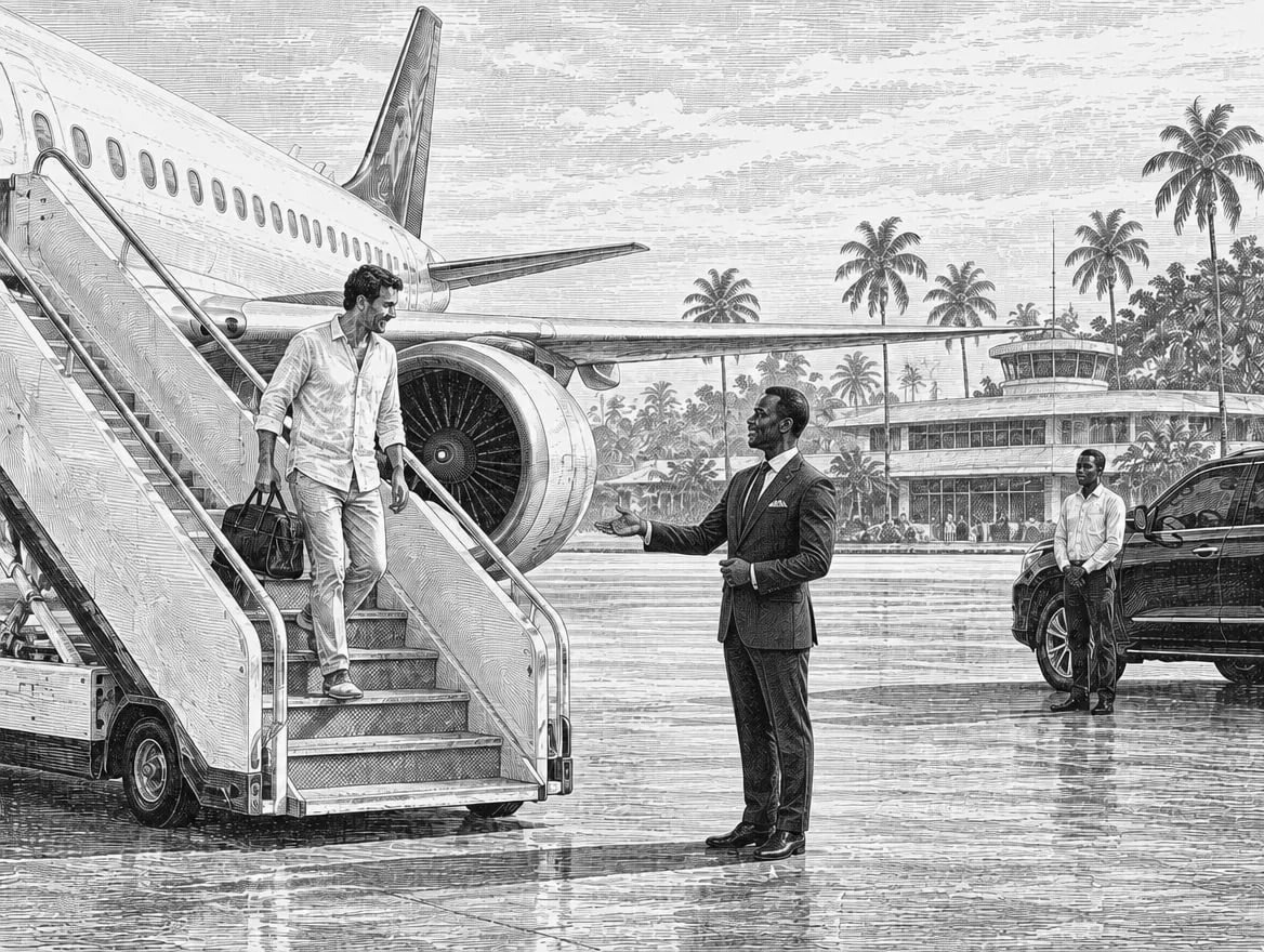 Gravure : à l'aéroport de Libreville, un voyageur descend de l'avion, accueilli au pied de la passerelle par un hôte en costume