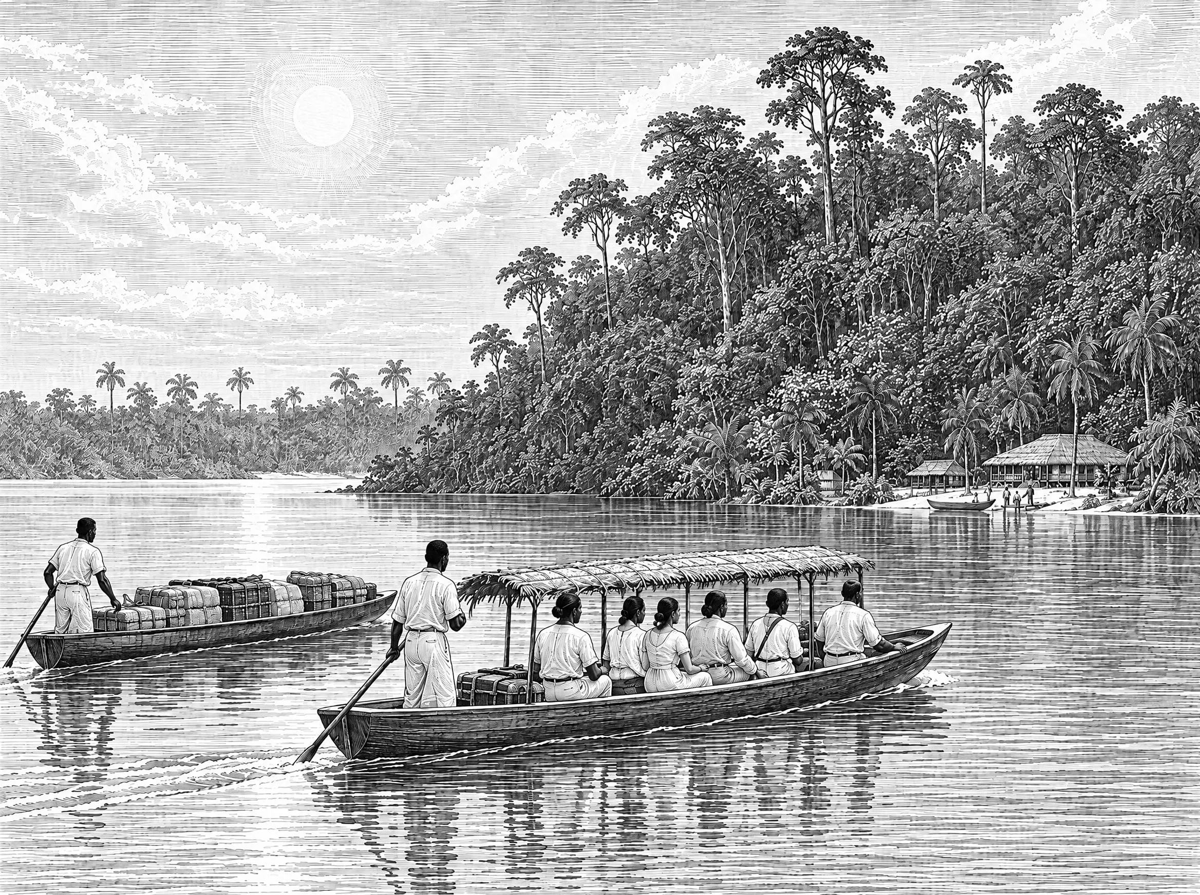 Gravure : deux pirogues ramènent les voyageurs et les bagages vers l’hôtel partenaire