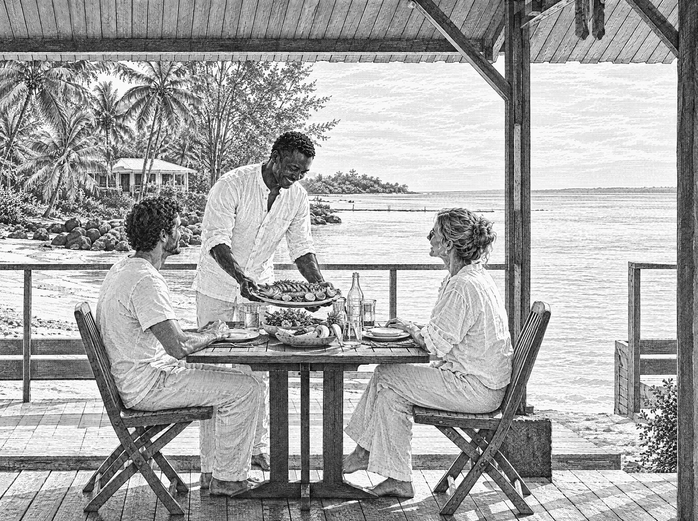 Gravure : le déjeuner sur la terrasse de l’hôtel partenaire, face à l’estuaire