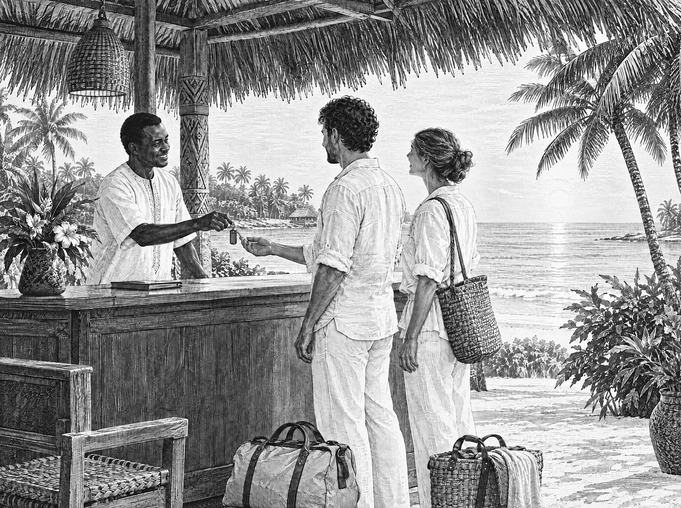 Gravure : l’accueil à la réception de l’hôtel, la remise des clés