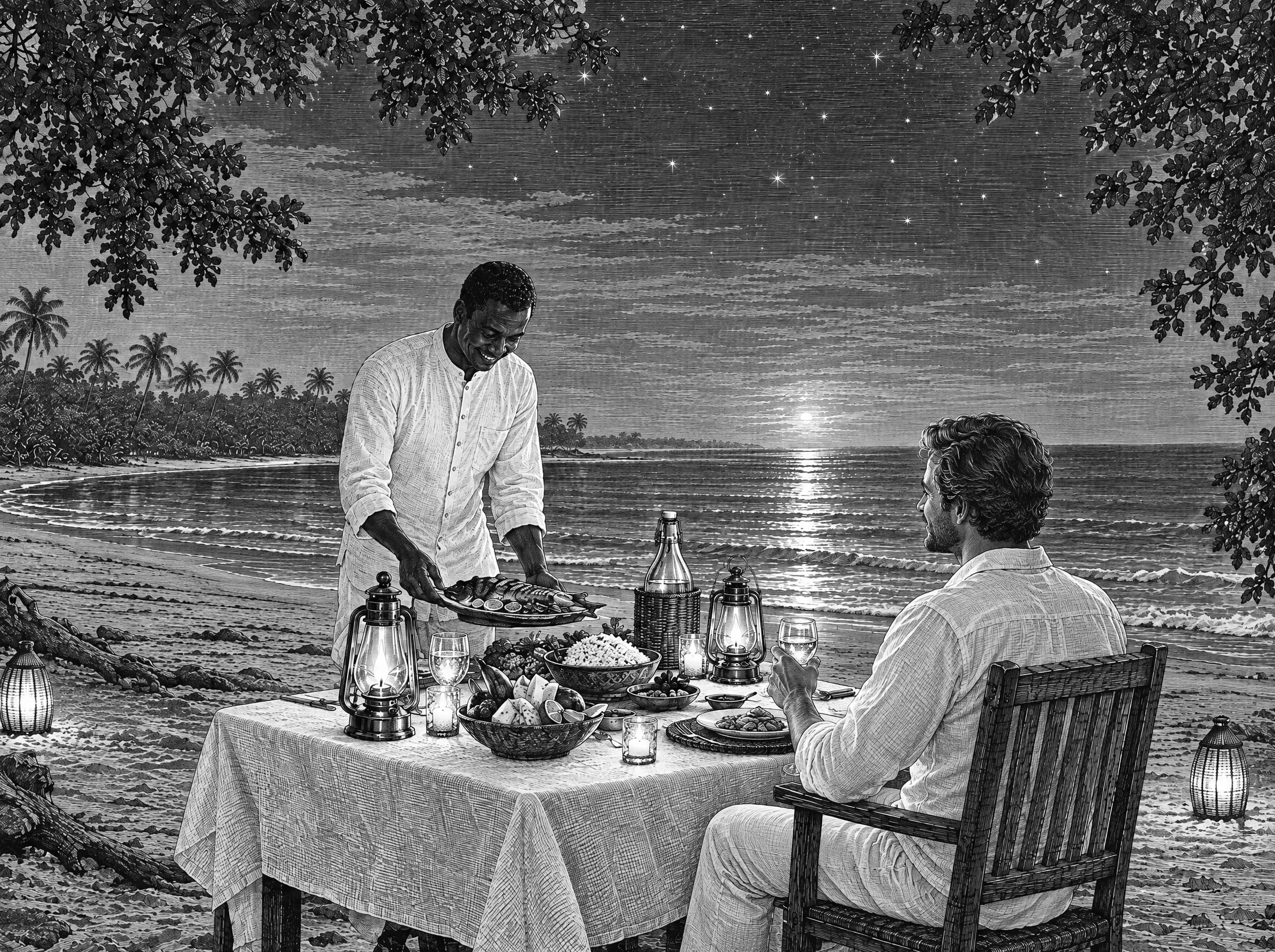 Gravure : le dîner sur la plage à la lueur des lampes