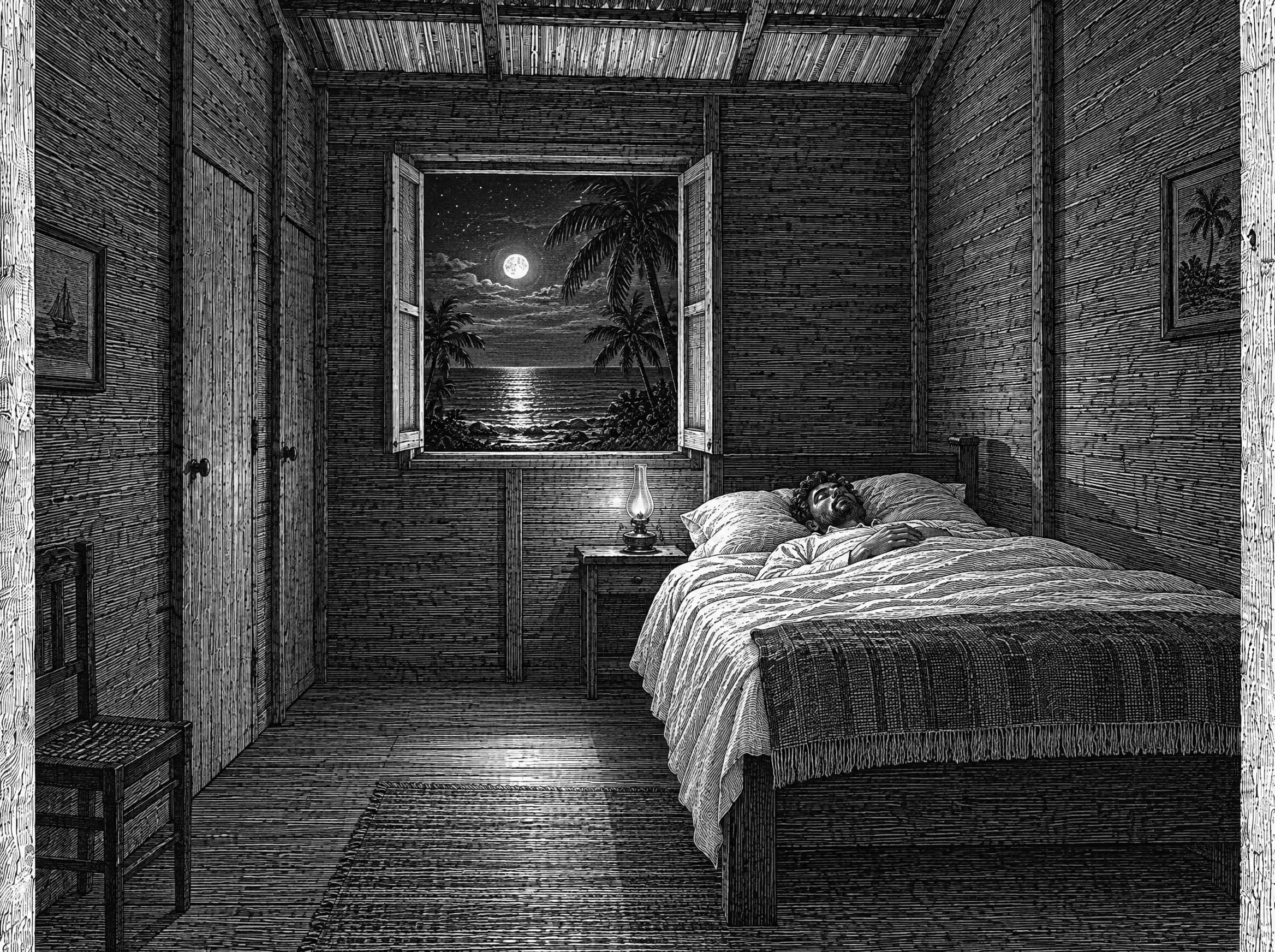 Gravure : la nuit, le voyageur dort dans sa chambre face à la mer