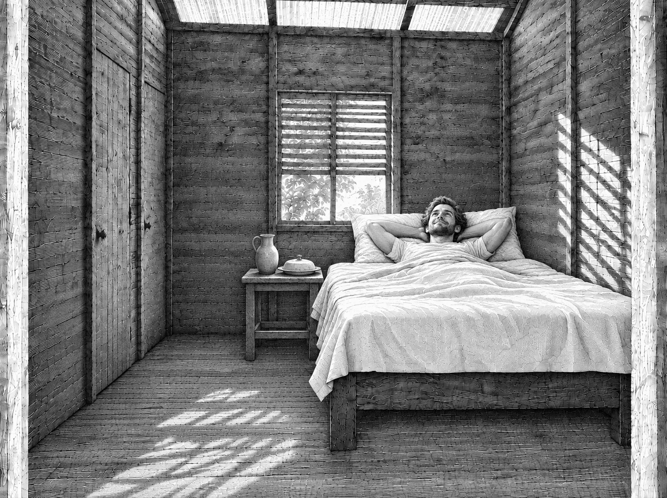 Gravure : matinée de repos, le voyageur détendu dans son lit