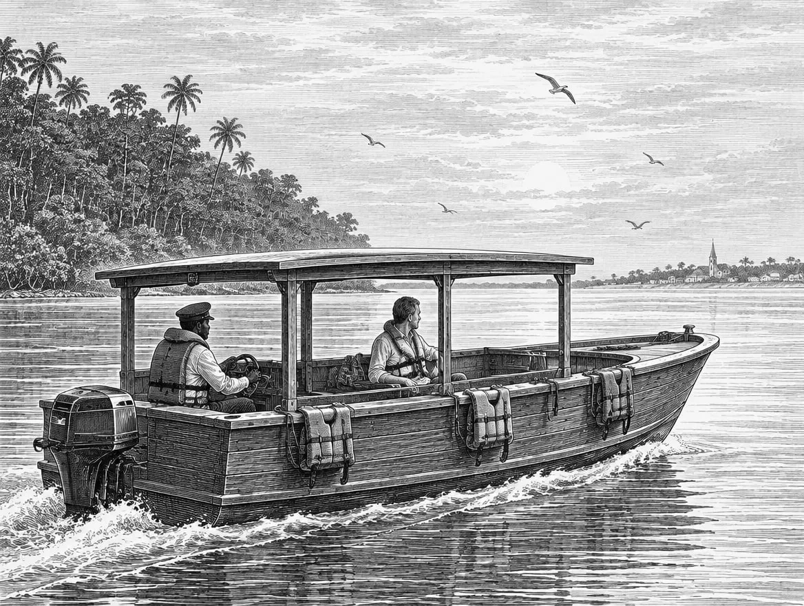 Gravure : une vedette couverte, pilote et voyageur en gilet de sauvetage, traverse l'estuaire vers Libreville
