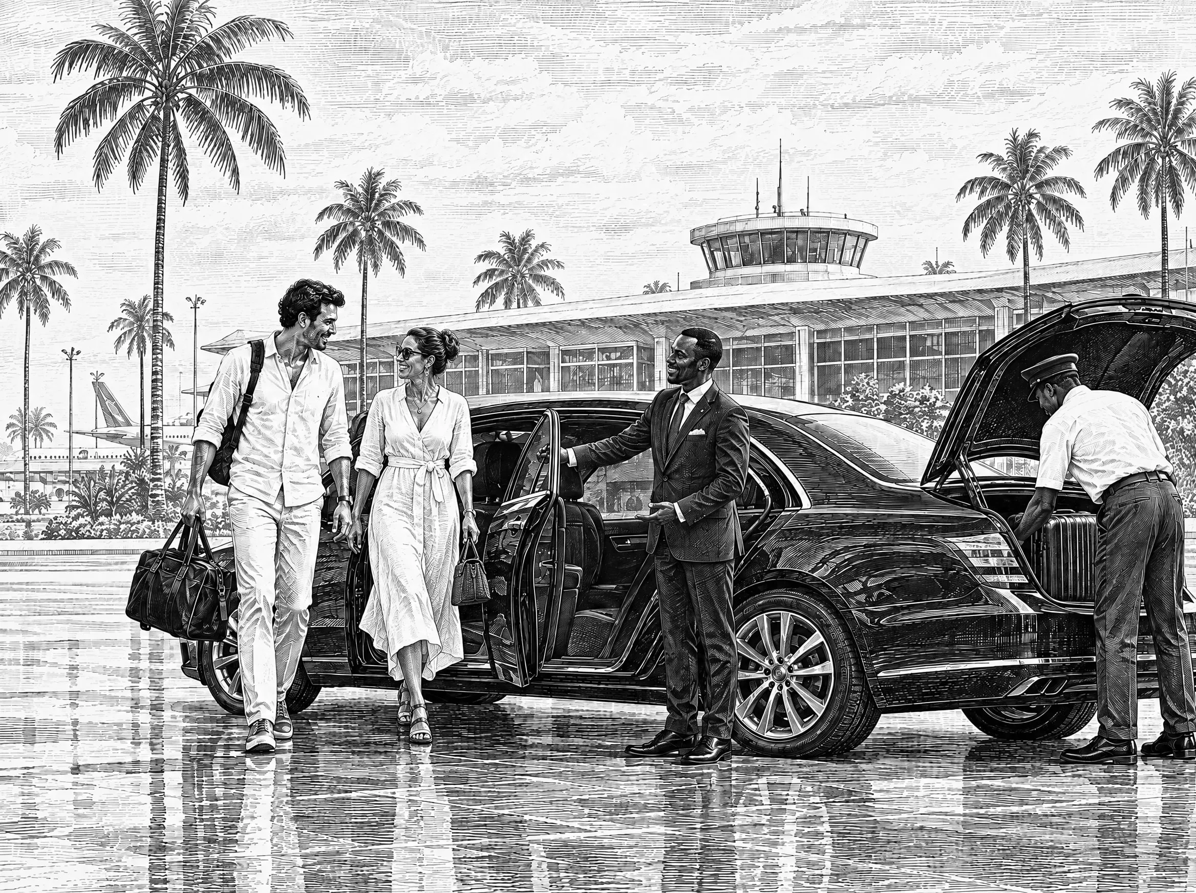 Gravure : devant l’aéroport de Libreville, l’hôte en costume ouvre la portière, les bagages sont déchargés