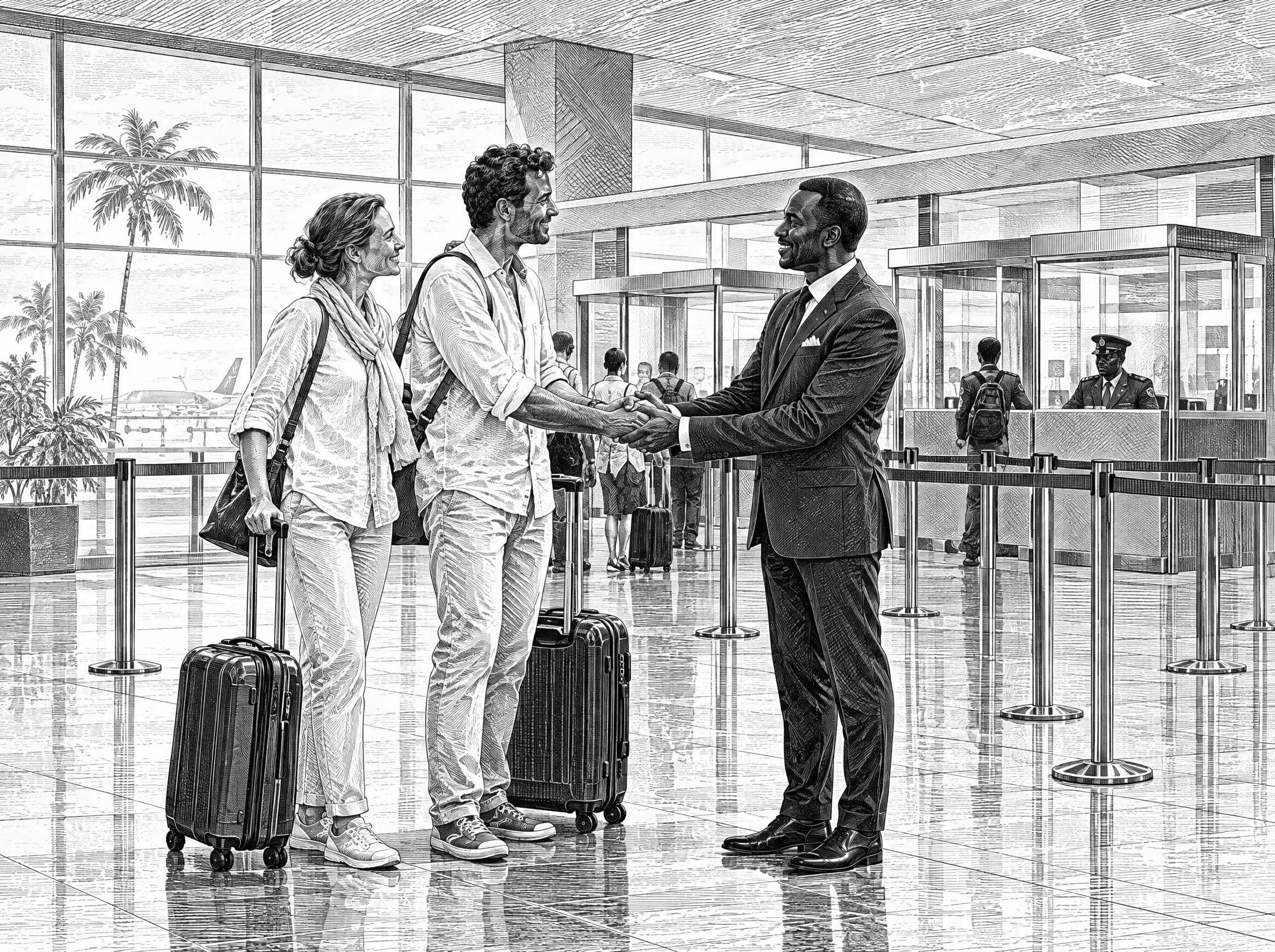 Gravure : à l’entrée du contrôle des passeports, l’hôte dit au revoir aux voyageurs