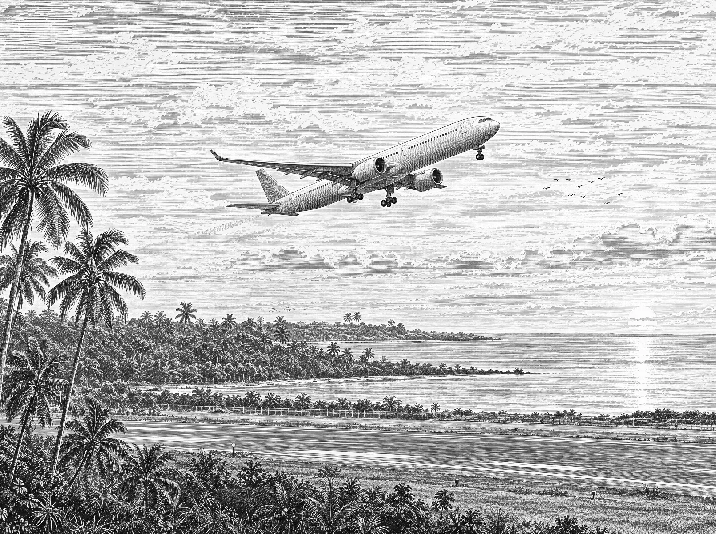 Gravure : un avion décolle de l’aéroport de Libreville, au-dessus des palmiers et de l’estuaire