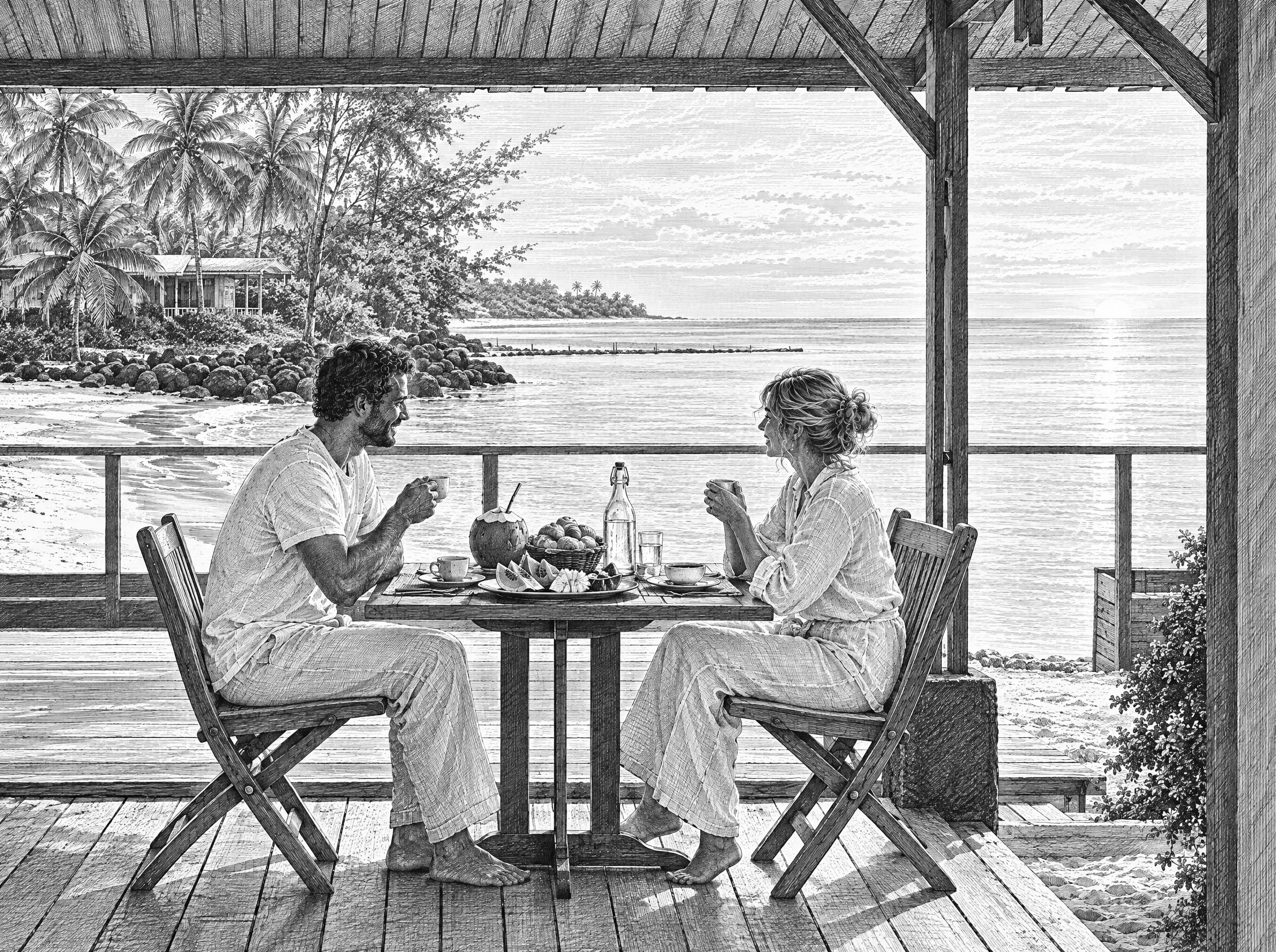 Gravure : le petit déjeuner sur la terrasse de l’hôtel partenaire, face à l’estuaire