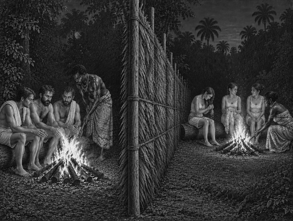 Gravure : après les bains, une palissade de palmes sépare les hommes et les femmes, chaque groupe se sèche autour de son propre feu