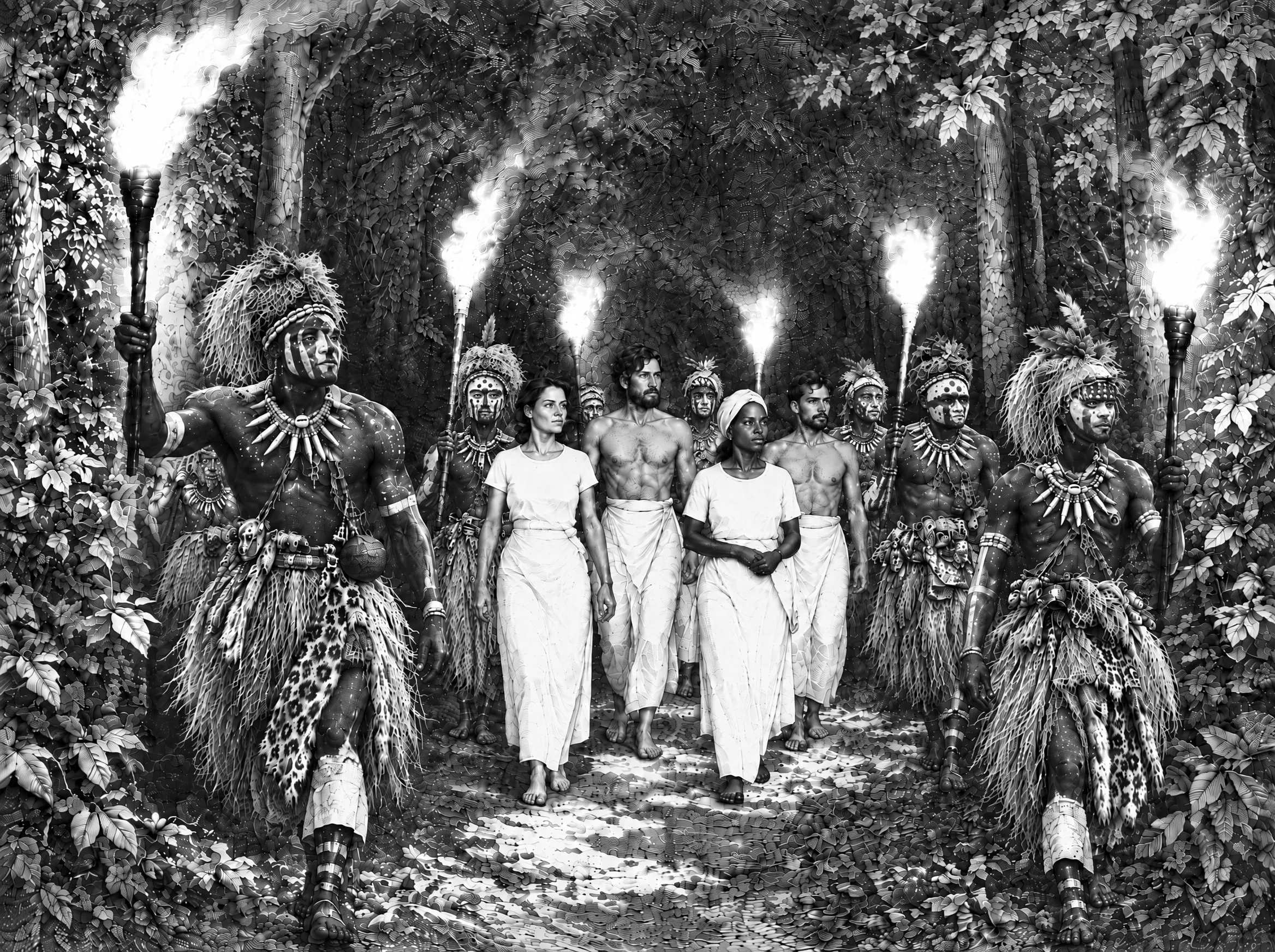 Gravure : torches à la main, les Ngangas en tenue traditionnelle encadrent les voyageurs en pagne blanc sur le sentier de la forêt