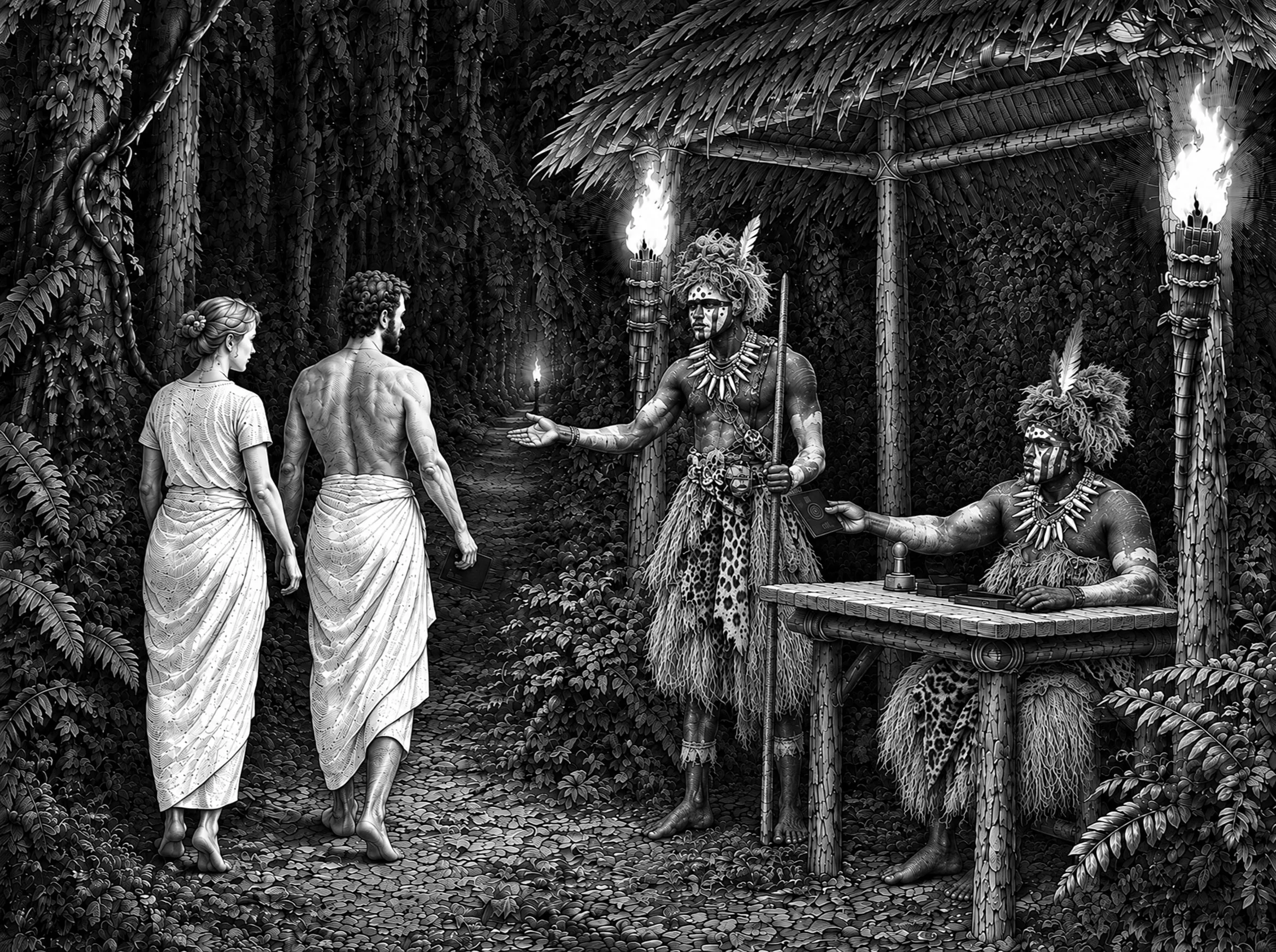 Gravure : en pleine forêt, au poste de garde, le passeport coutumier tamponné, le garde s'écarte et laisse passer le couple sur le sentier