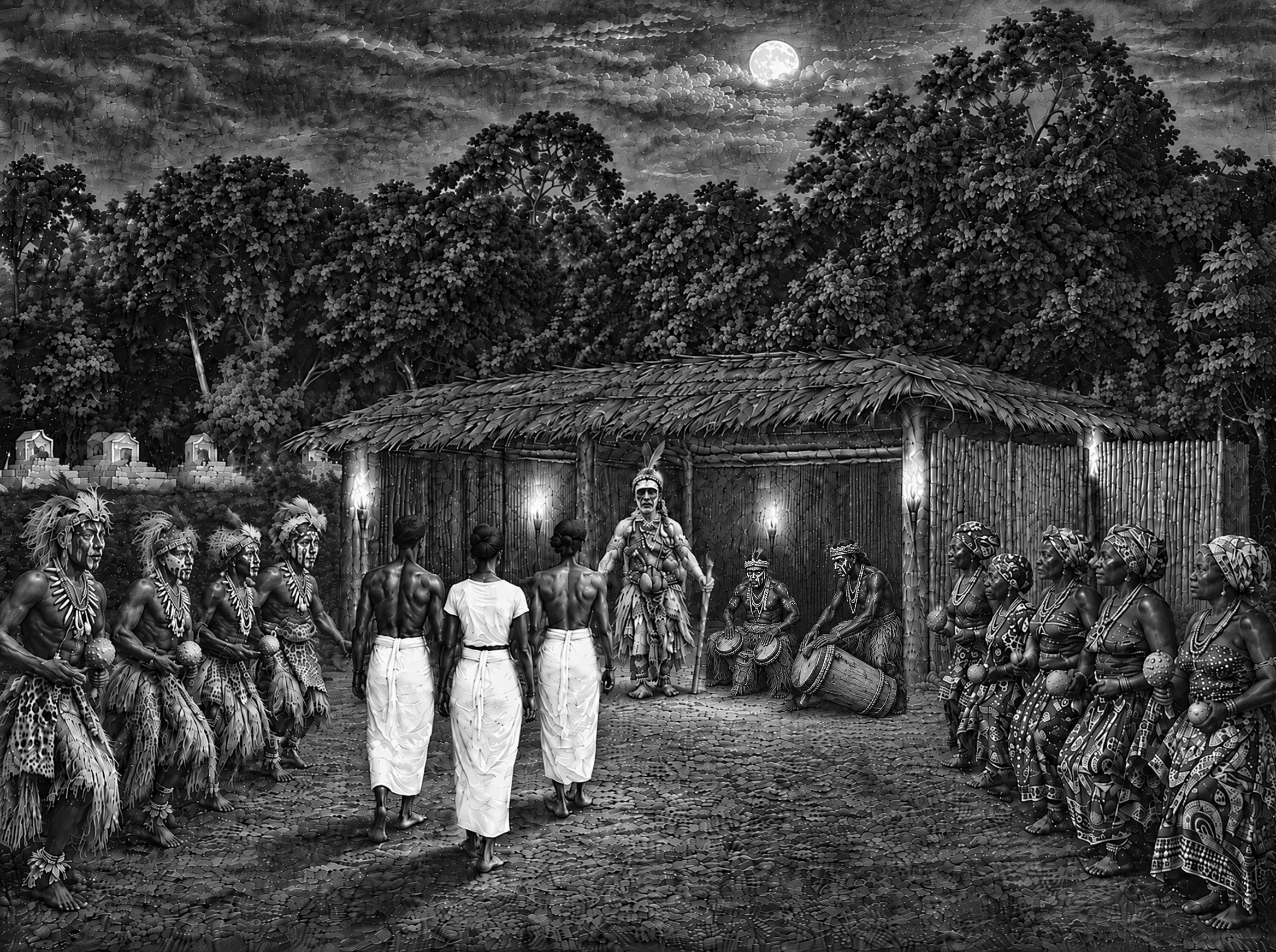 Gravure : le temple du roi Denis à la nuit, Ngangas hommes et femmes en tenue traditionnelle de part et d'autre de l'allée, les tambours (Ndoungou, Moubenda et Missomba), Jacques Makaya Zimamo en tenue de père spirituel accueille les invités en pagne blanc